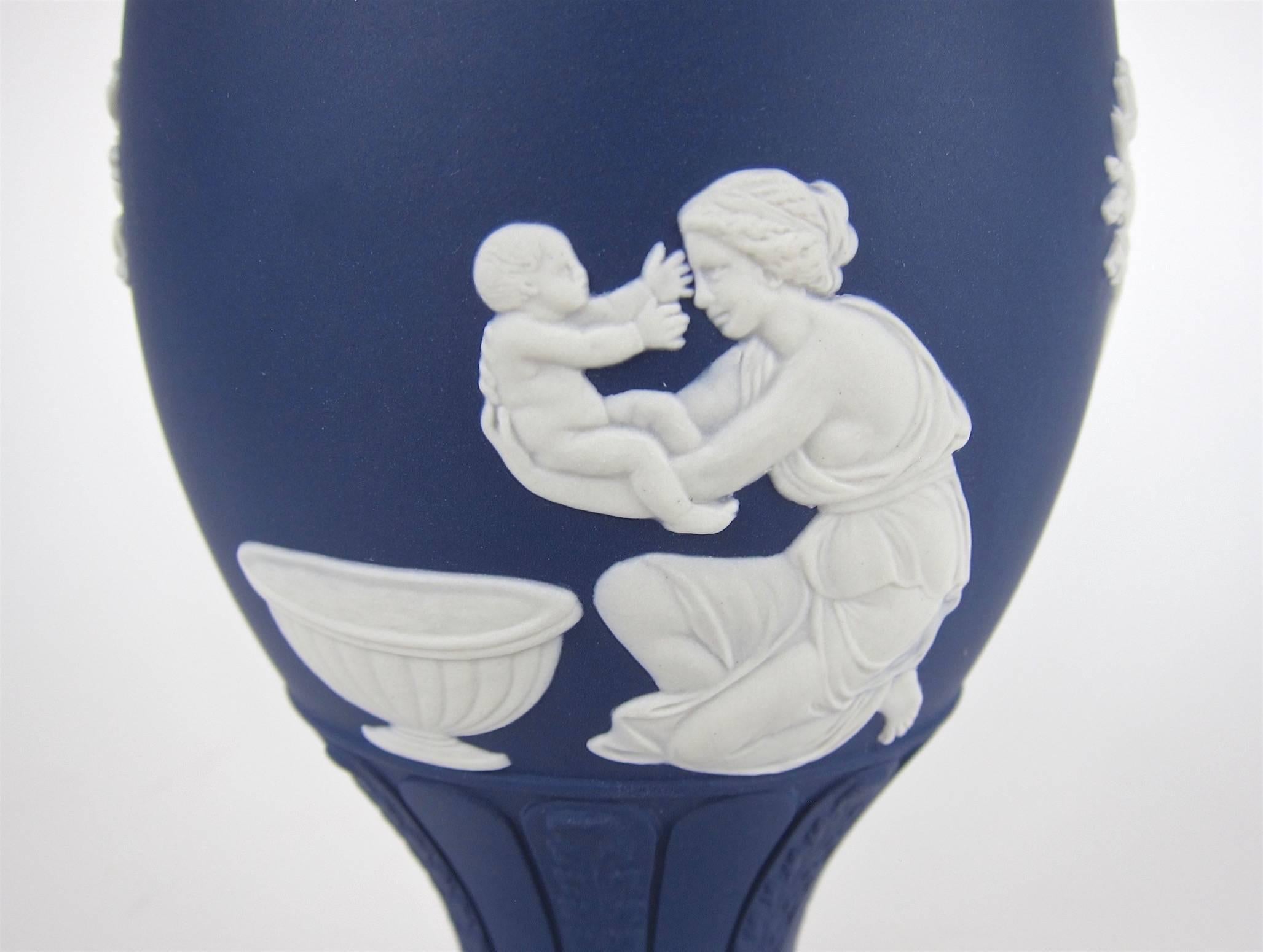 Wedgwood Classical Covered Urn in White on Portland Blue Jasper Ware 2