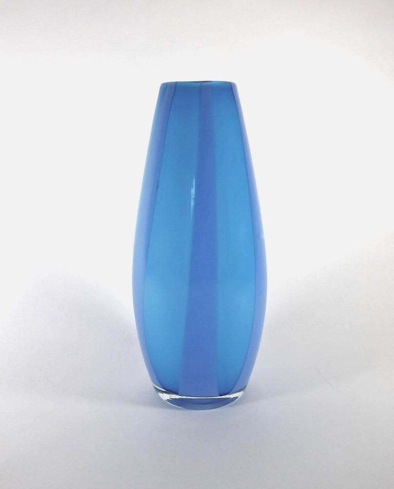 Midcentury Circus Tent Art Glass Vase in Aqua Blue with Lavender