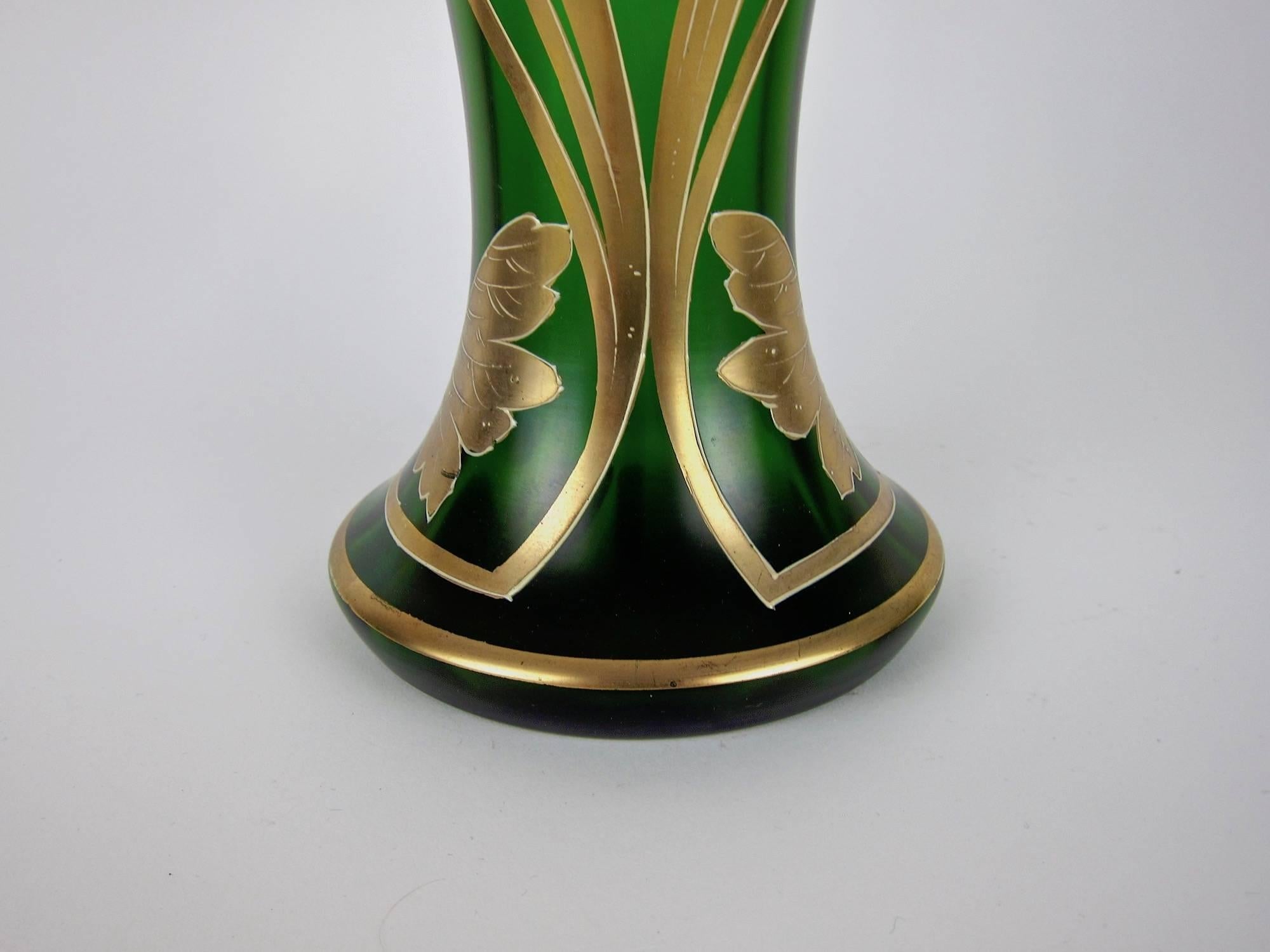 20th Century Antique Jeweled and Enameled Secessionist Green and Gold Glass Vase 