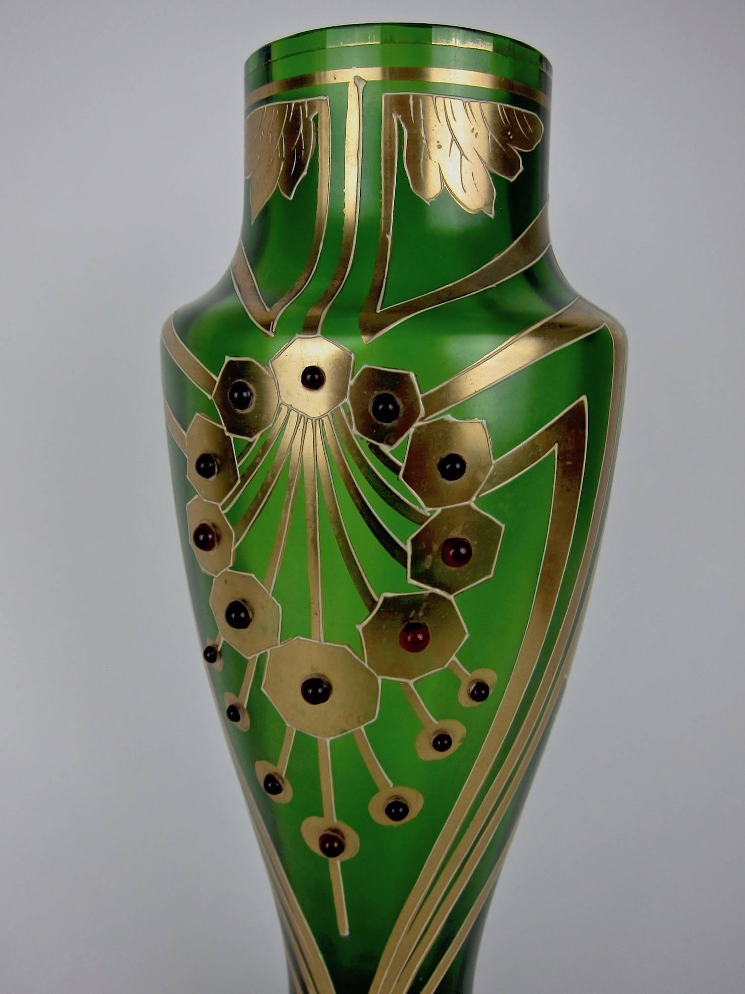 Vienna Secession Antique Jeweled and Enameled Secessionist Green and Gold Glass Vase 
