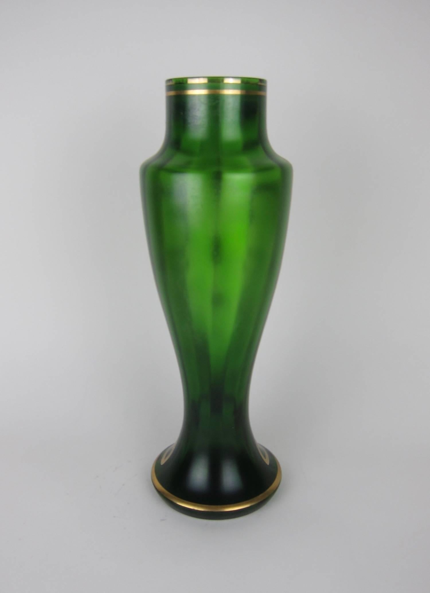 Antique Jeweled and Enameled Secessionist Green and Gold Glass Vase  2