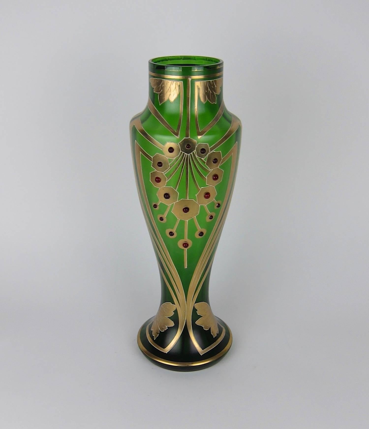 Antique Jeweled and Enameled Secessionist Green and Gold Glass Vase  In Good Condition In Los Angeles, CA