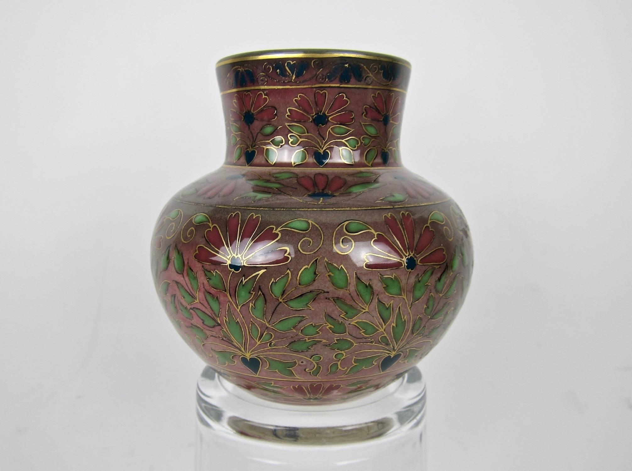 19th Century Victorian Zsolnay Pecs Porcelain Faience Vase in Jewel Toned Cloisonne-Style