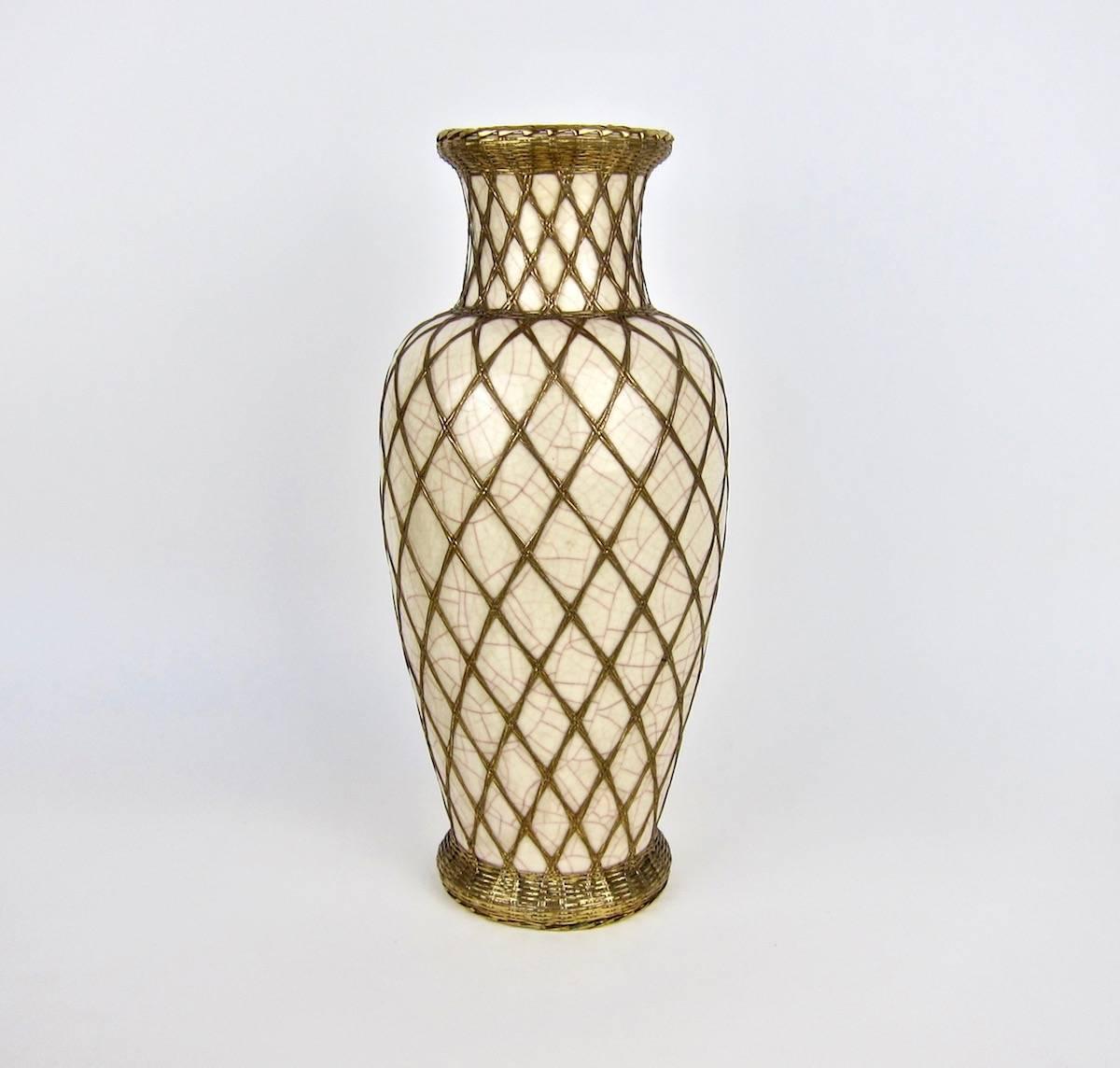 Anglo-Japanese Large Japanese Pottery Vase with Craquelure Glaze and Basket Weave Overlay
