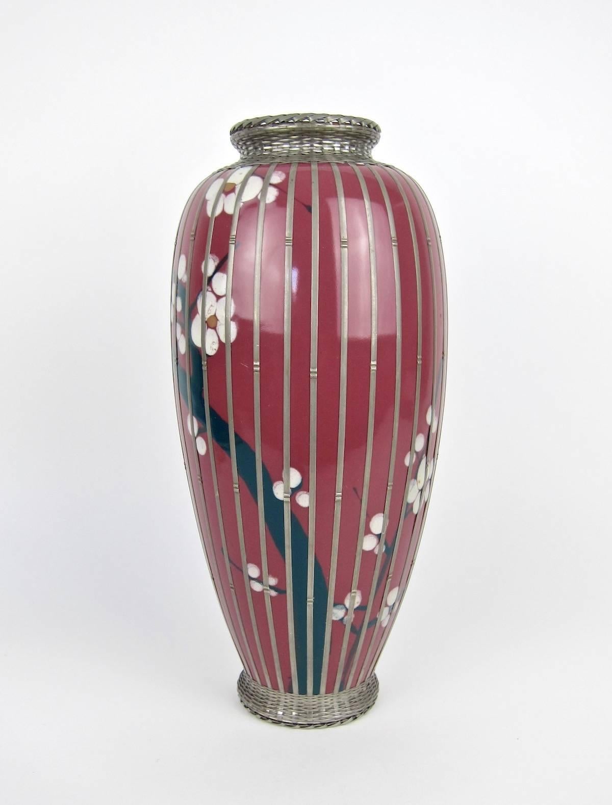 Anglo-Japanese Early 20th Century Japanese Glazed Pottery Prunus Vase with Basket Weave Overlay