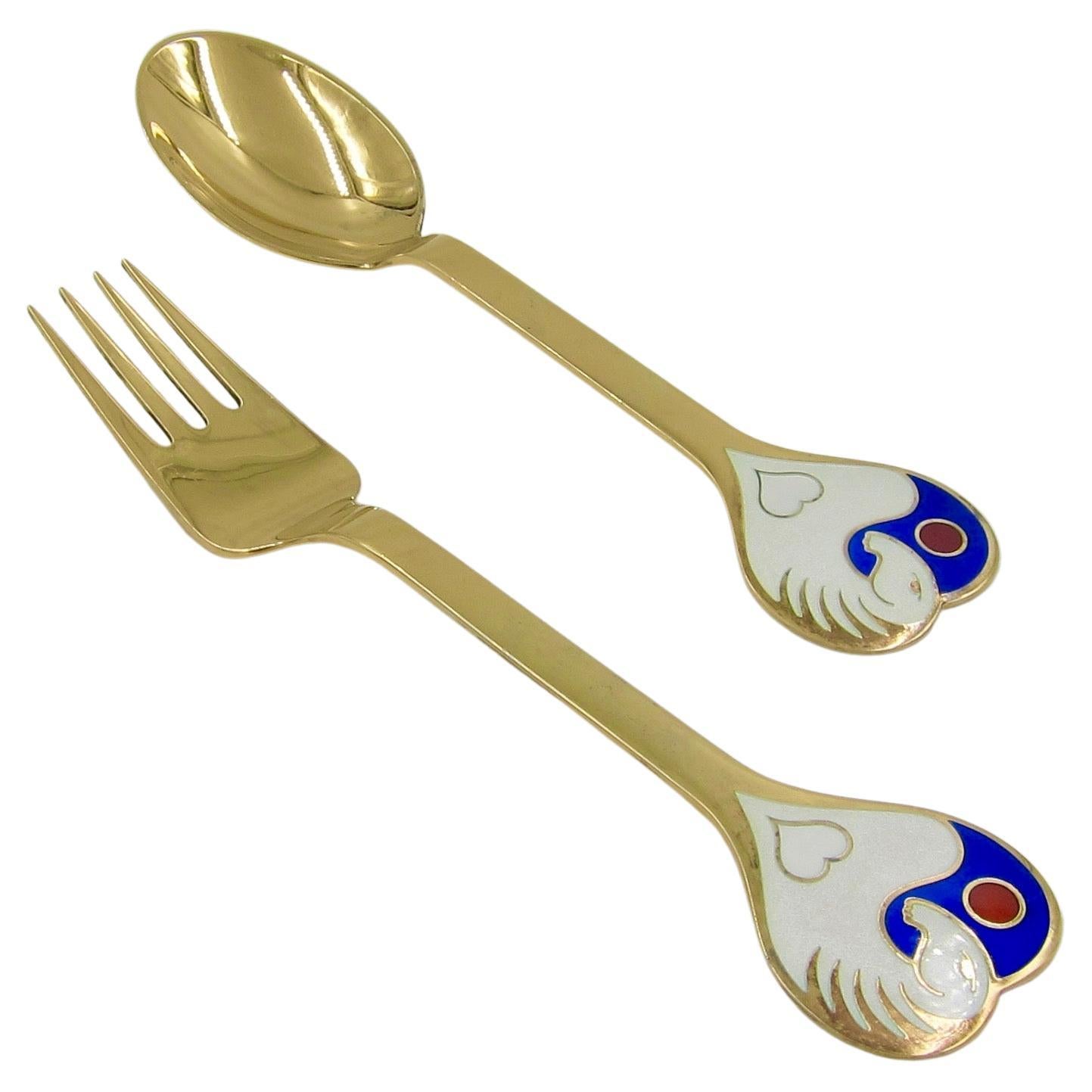 1978 Anton Michelsen Gilded Silver and Enamel Christmas Fork and Spoon Set