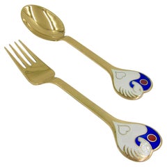 Vintage 1978 Anton Michelsen Gilded Silver and Enamel Christmas Fork and Spoon Set