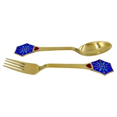 1976 Anton Michelsen Gilt Silver and Enamel Christmas Fork and Spoon Set