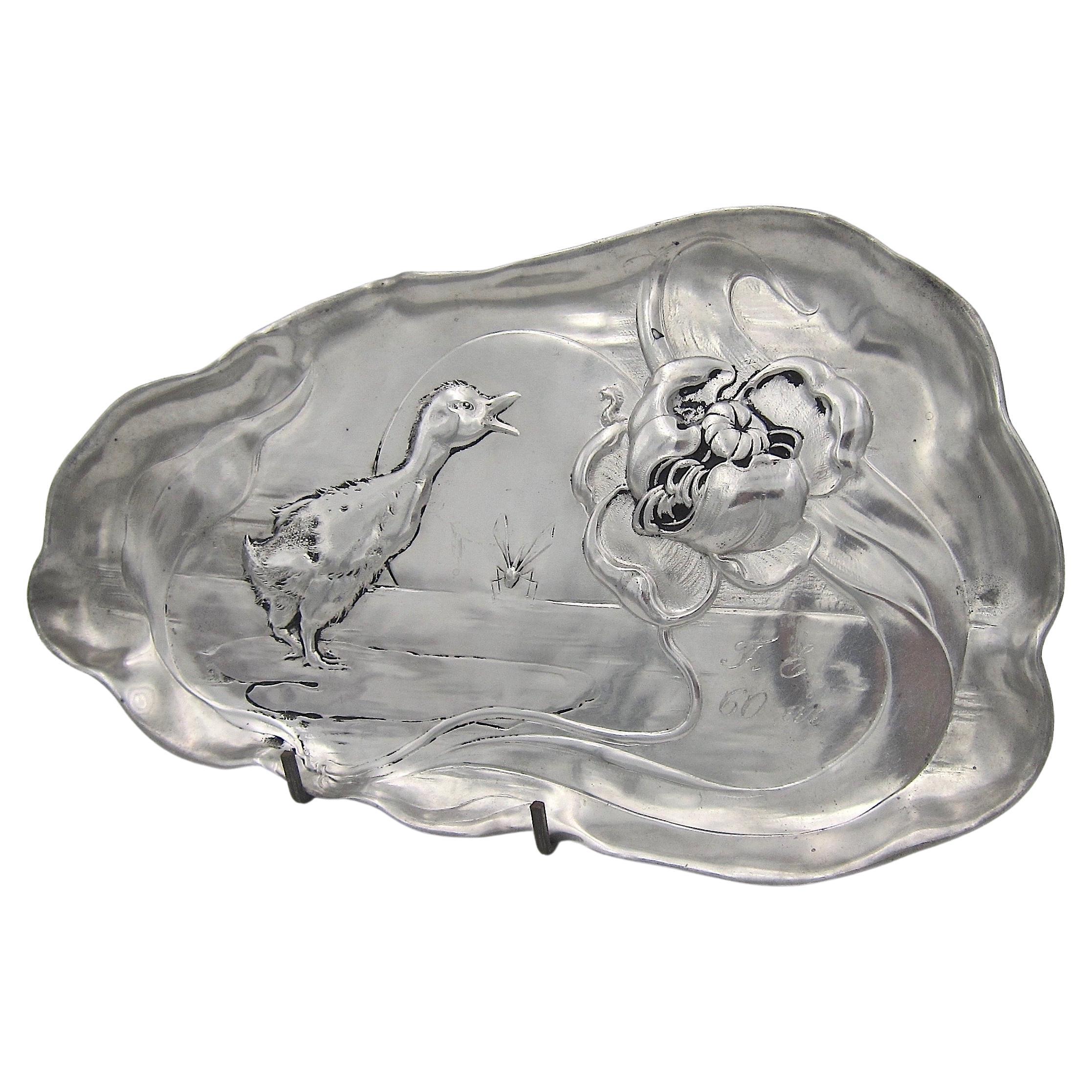 Antique Kayserzinn Vide Poche Tray with Duckling For Sale