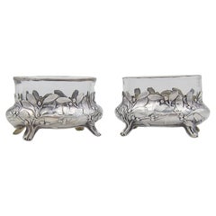 Antique French Maison Murat 950 Silver Mistletoe Salt Cellars with Glass Liners