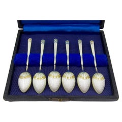 Vintage Art Deco Sterling Silver Enamel Spoon Boxed Set by Henry James Hulbert