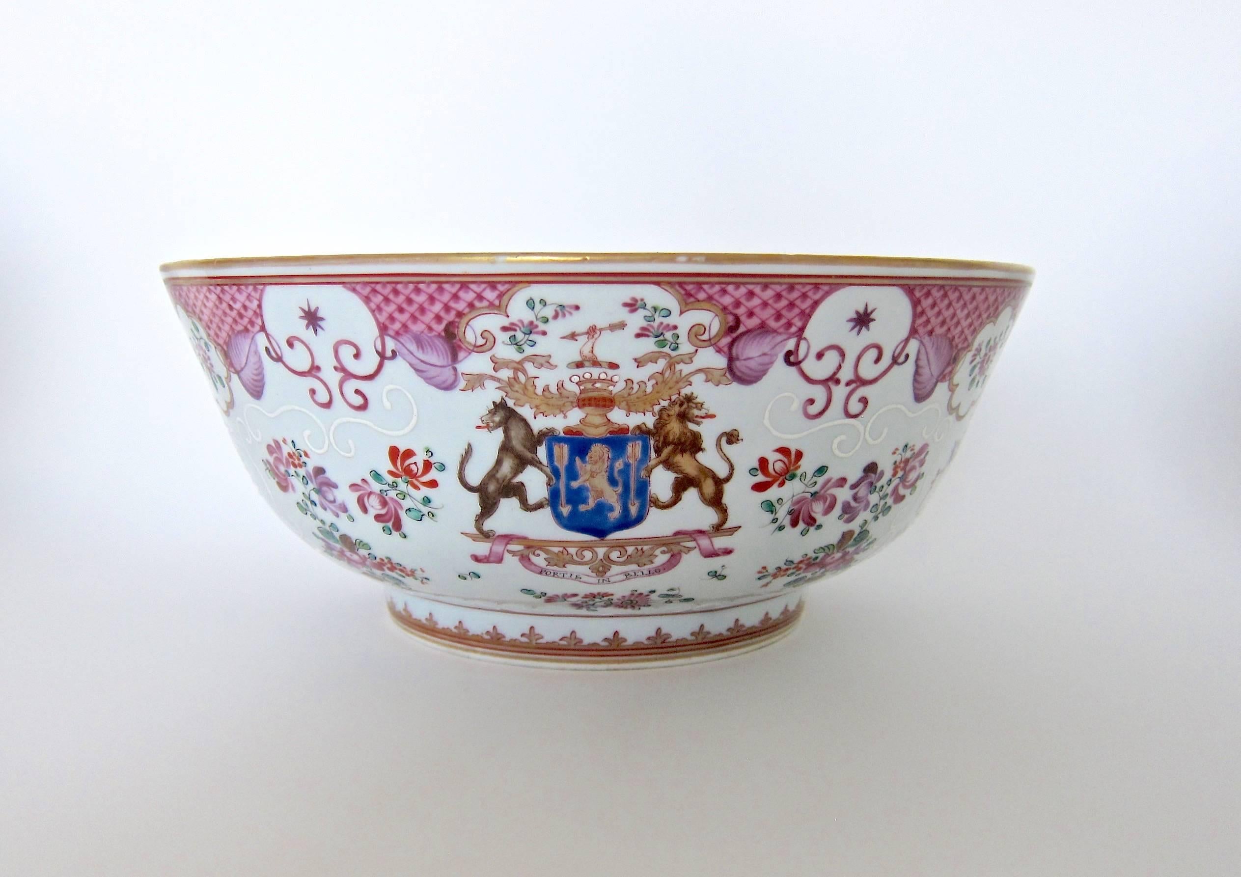 Enameled Chinese Export Armorial Style Porcelain Punch Bowl by Samson, Late 19th Century