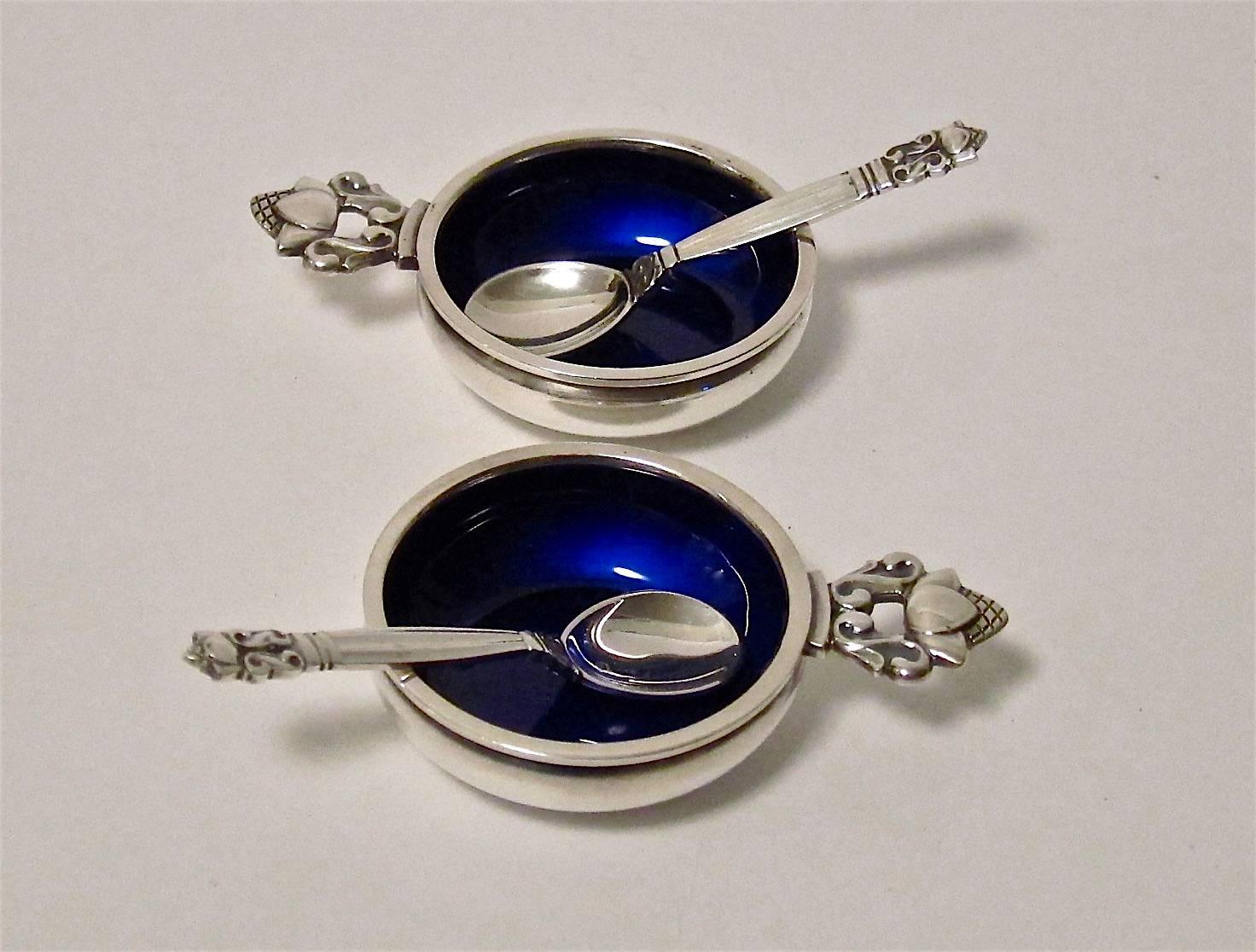 Johan Rohde for Georg Jensen Acorn Enameled Silver Salt Cellars and Spoons In Excellent Condition In Los Angeles, CA