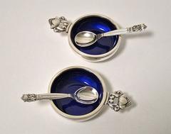 Johan Rohde for Georg Jensen Acorn Enameled Silver Salt Cellars and Spoons