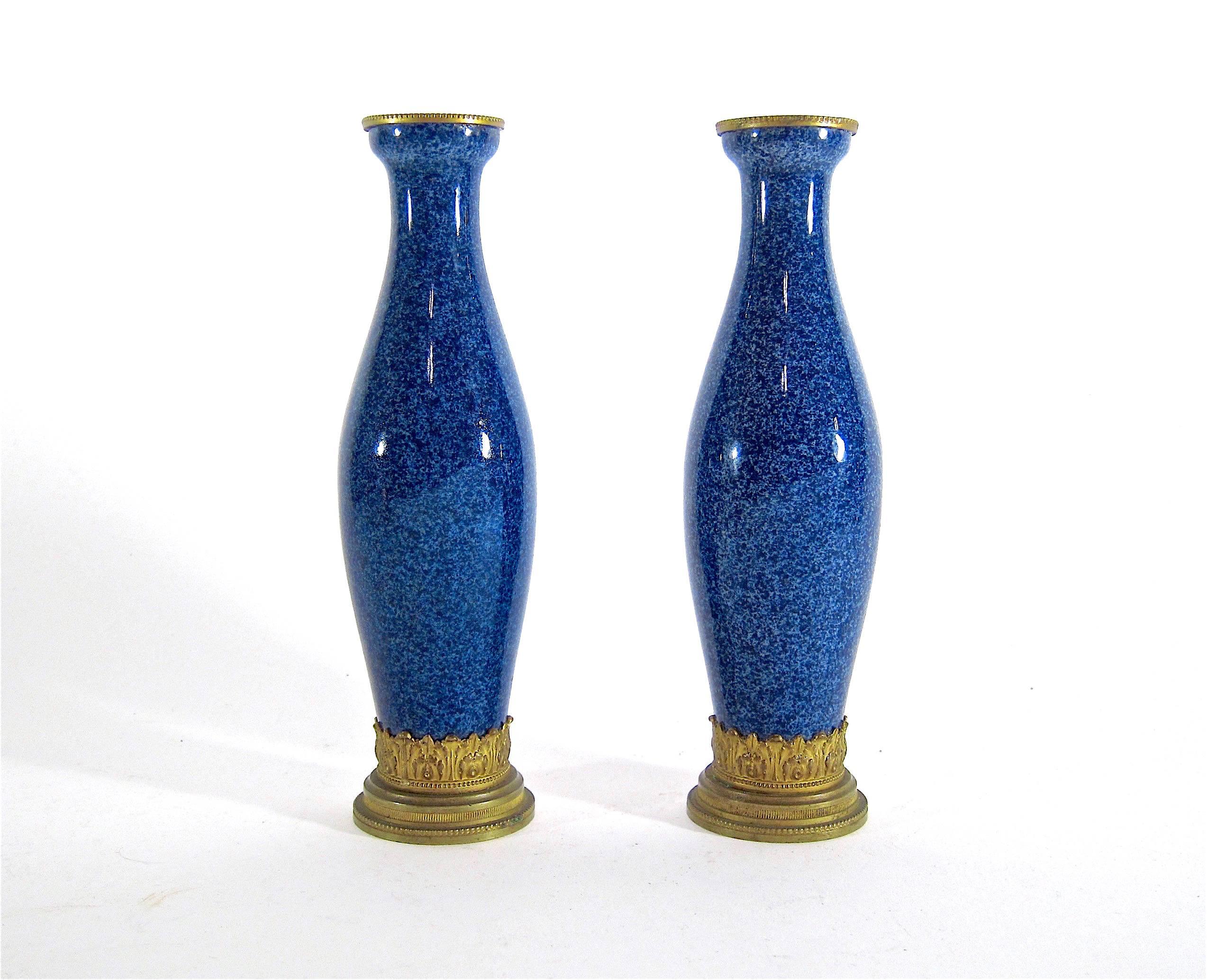 Paul Milet French Faience Vase Pair with Neoclassical Gilt Bronze Mounts In Good Condition In Los Angeles, CA