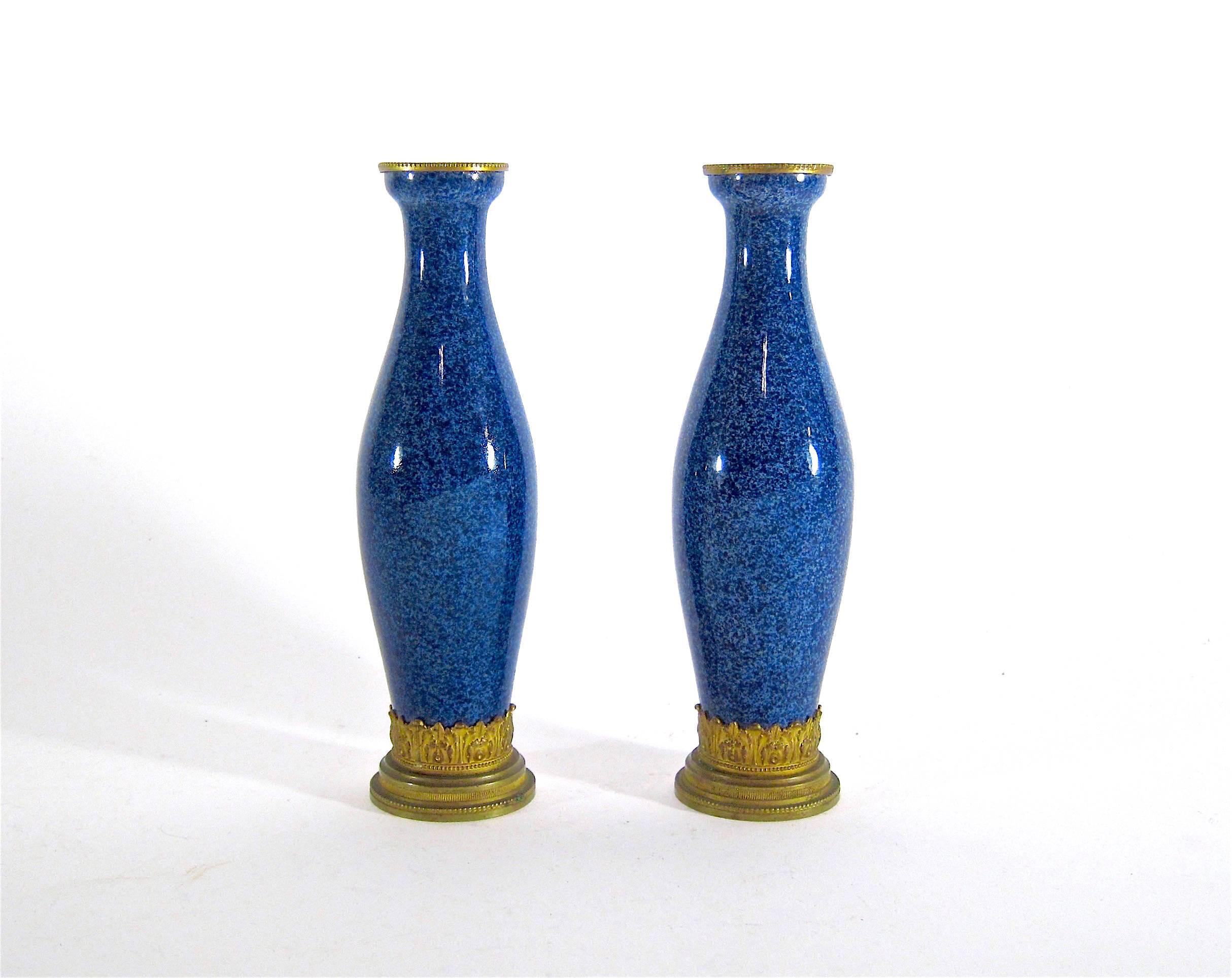 20th Century Paul Milet French Faience Vase Pair with Neoclassical Gilt Bronze Mounts