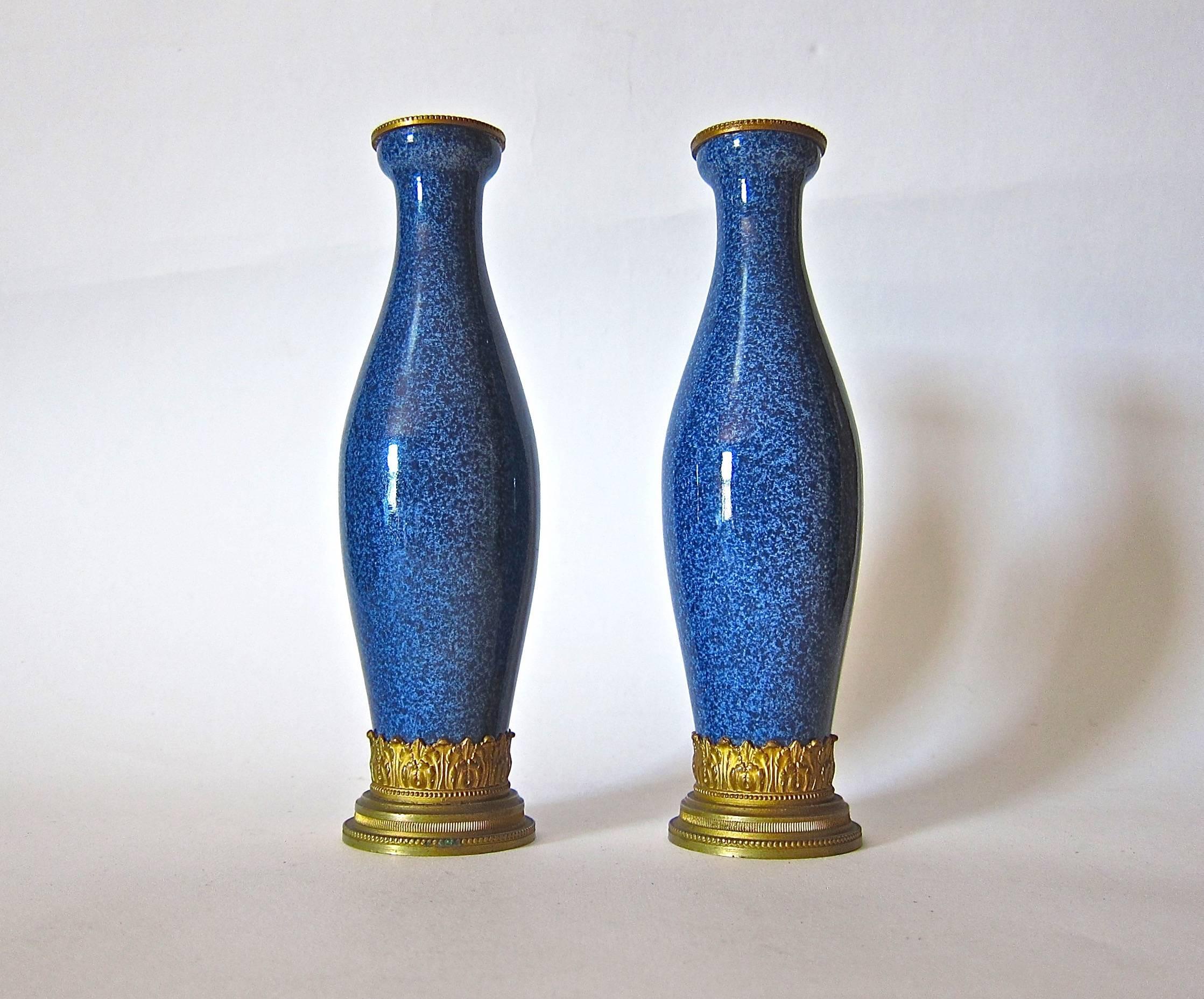 Paul Milet French Faience Vase Pair with Neoclassical Gilt Bronze Mounts 1