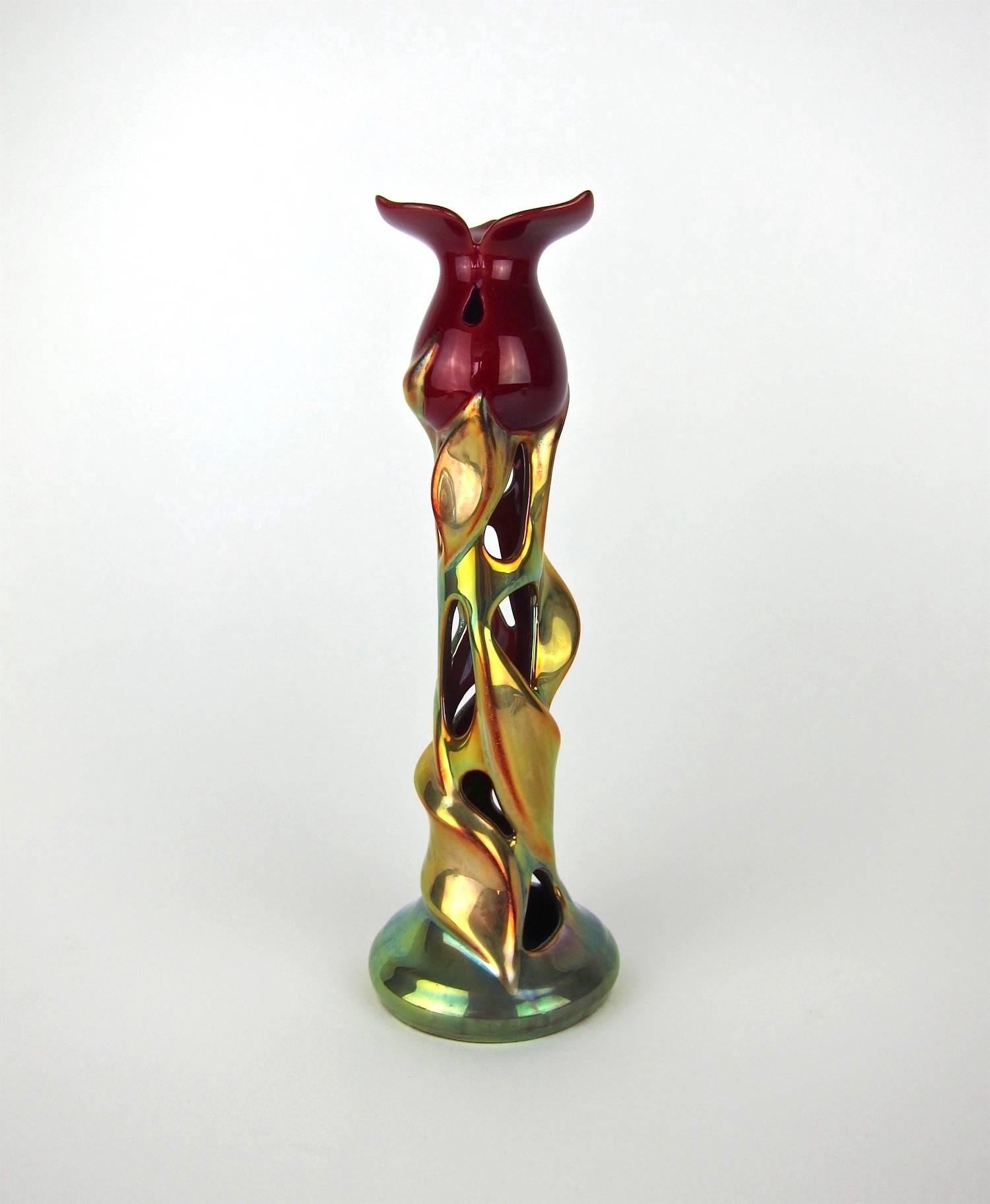 20th Century Zsolnay Art Nouveau Porcelain Tulip Candlestick with Eosin Glaze