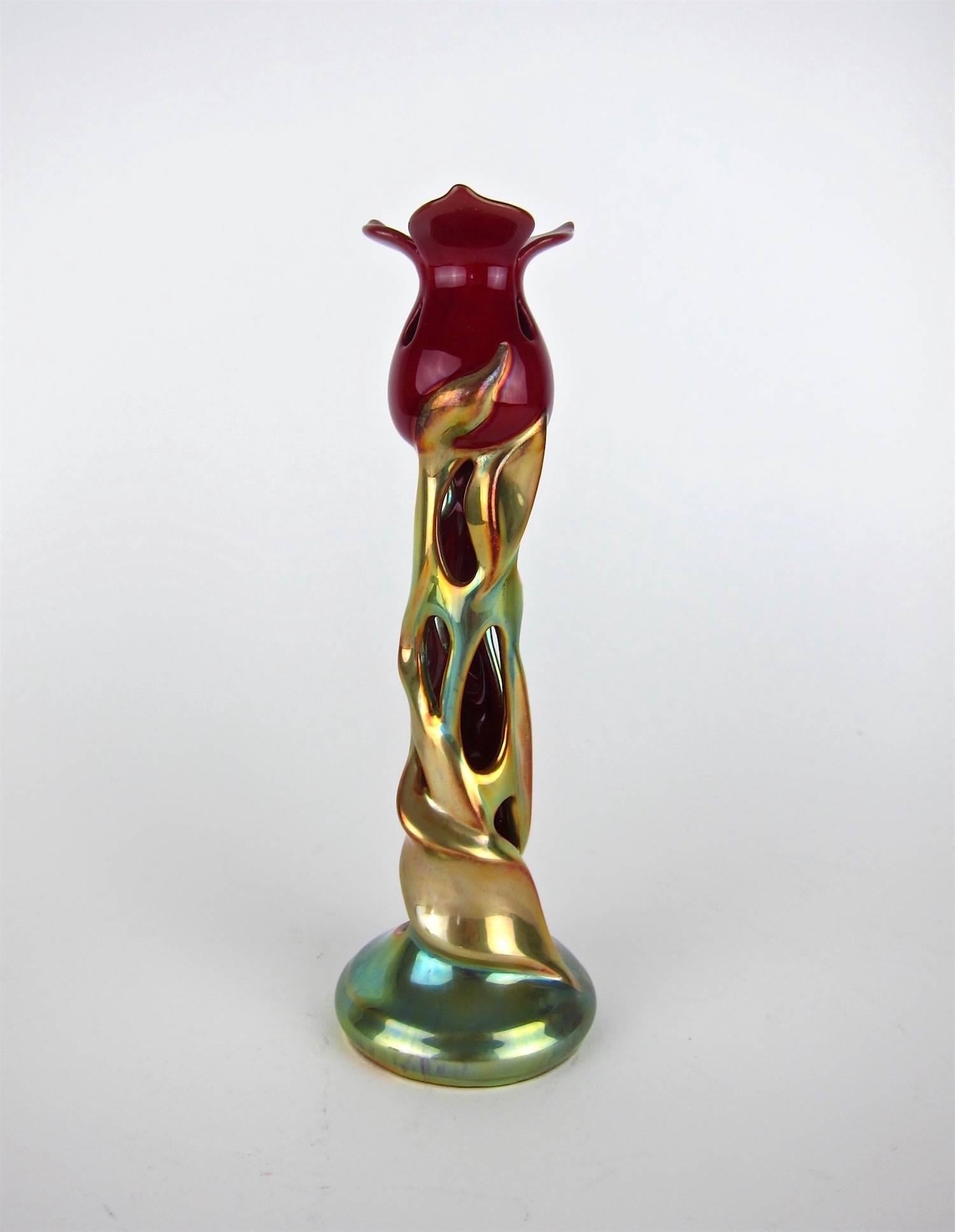 Hungarian Zsolnay Art Nouveau Porcelain Tulip Candlestick with Eosin Glaze