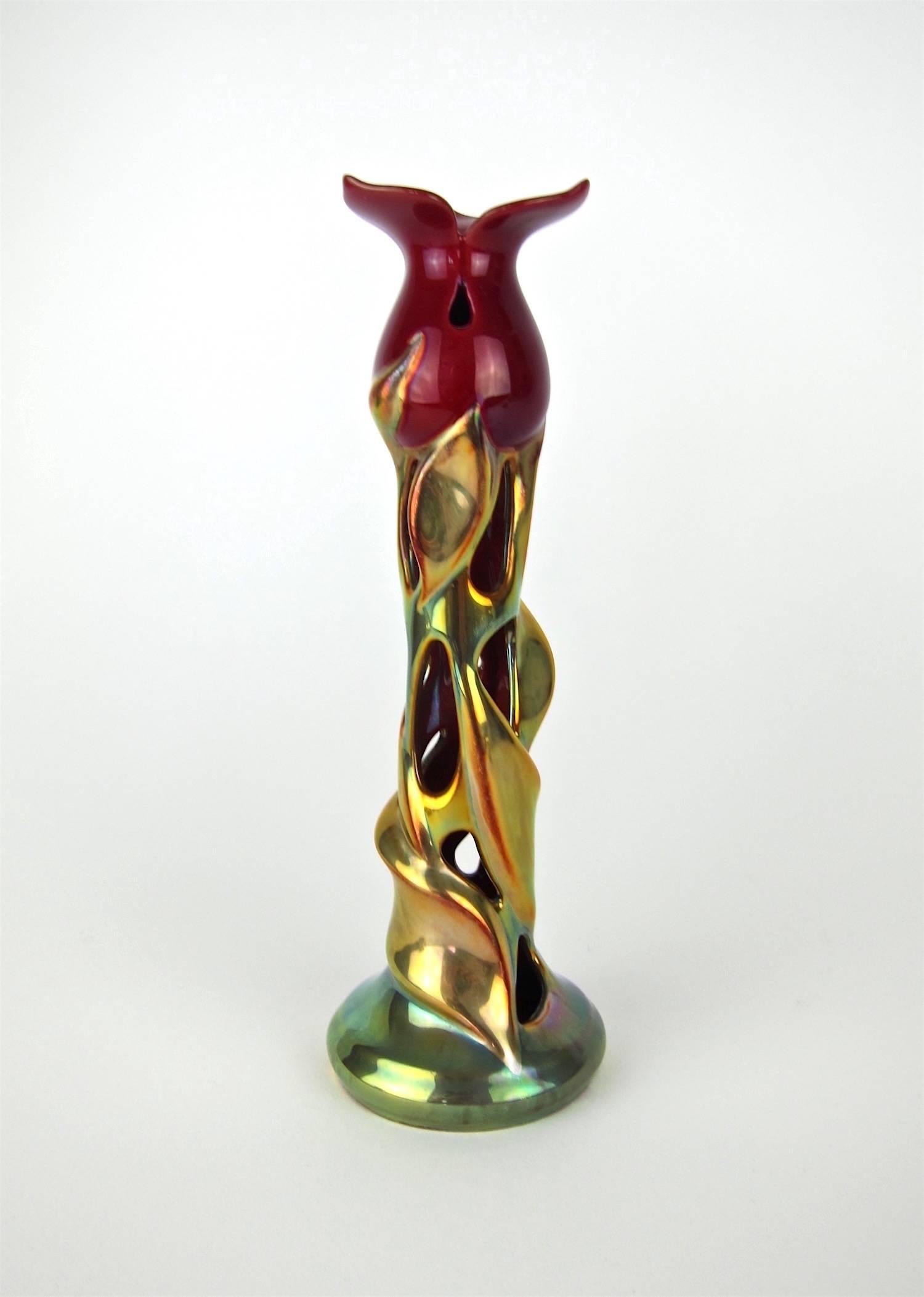 Zsolnay Art Nouveau Porcelain Tulip Candlestick with Eosin Glaze 5