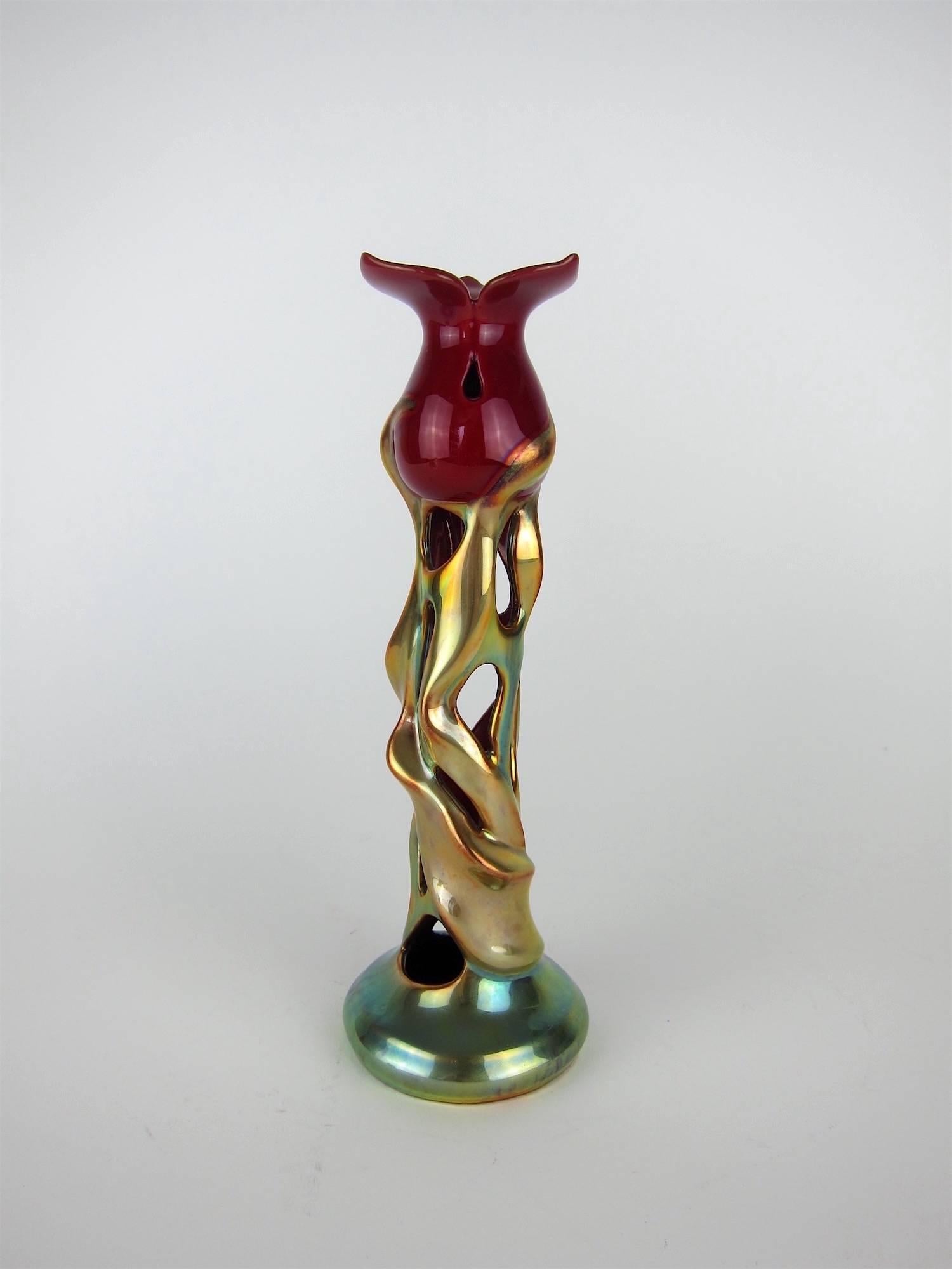 Zsolnay Art Nouveau Porcelain Tulip Candlestick with Eosin Glaze In Excellent Condition In Los Angeles, CA