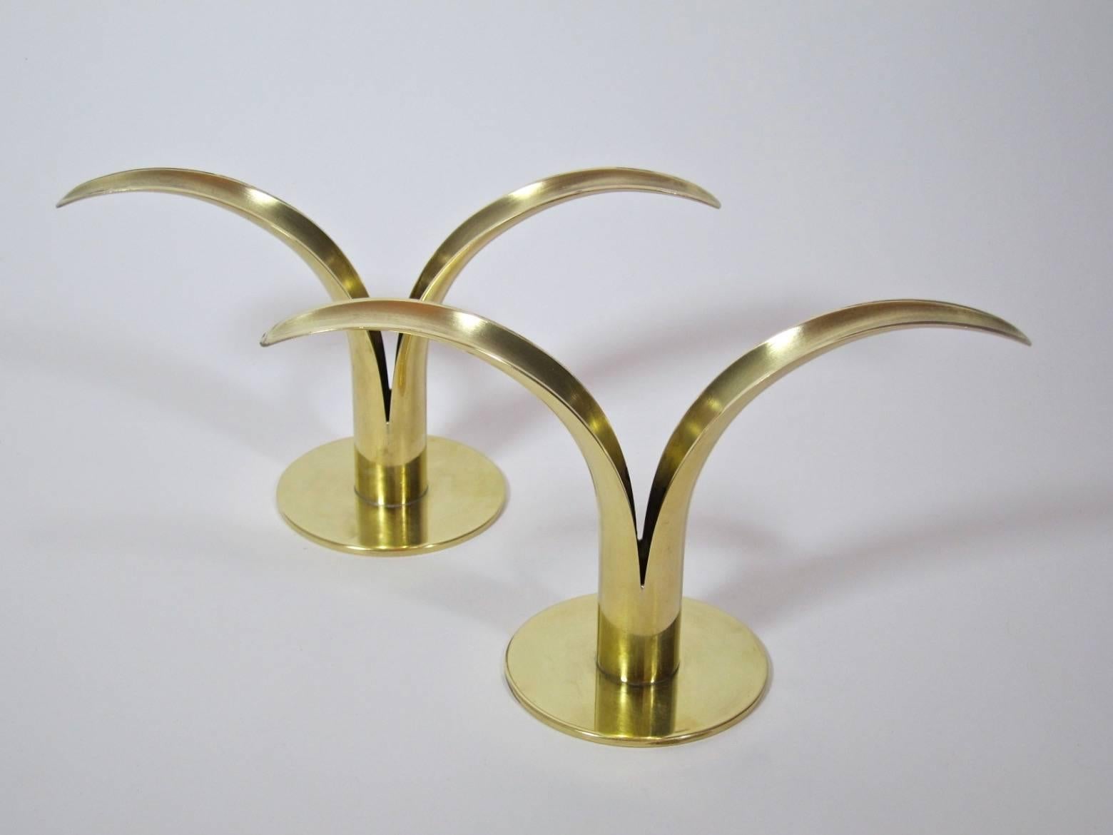 Mid-Century Modern Ystad Metall Brass Lily Candleholder Pair by Ivar Åhlenius-Björk, Sweden