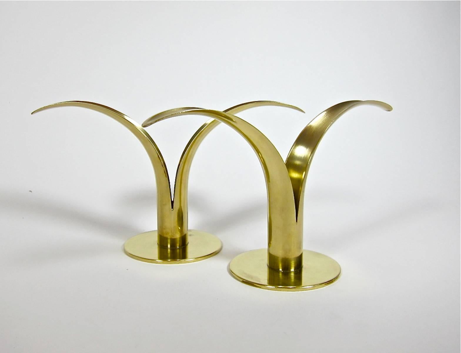 Swedish Ystad Metall Brass Lily Candleholder Pair by Ivar Åhlenius-Björk, Sweden