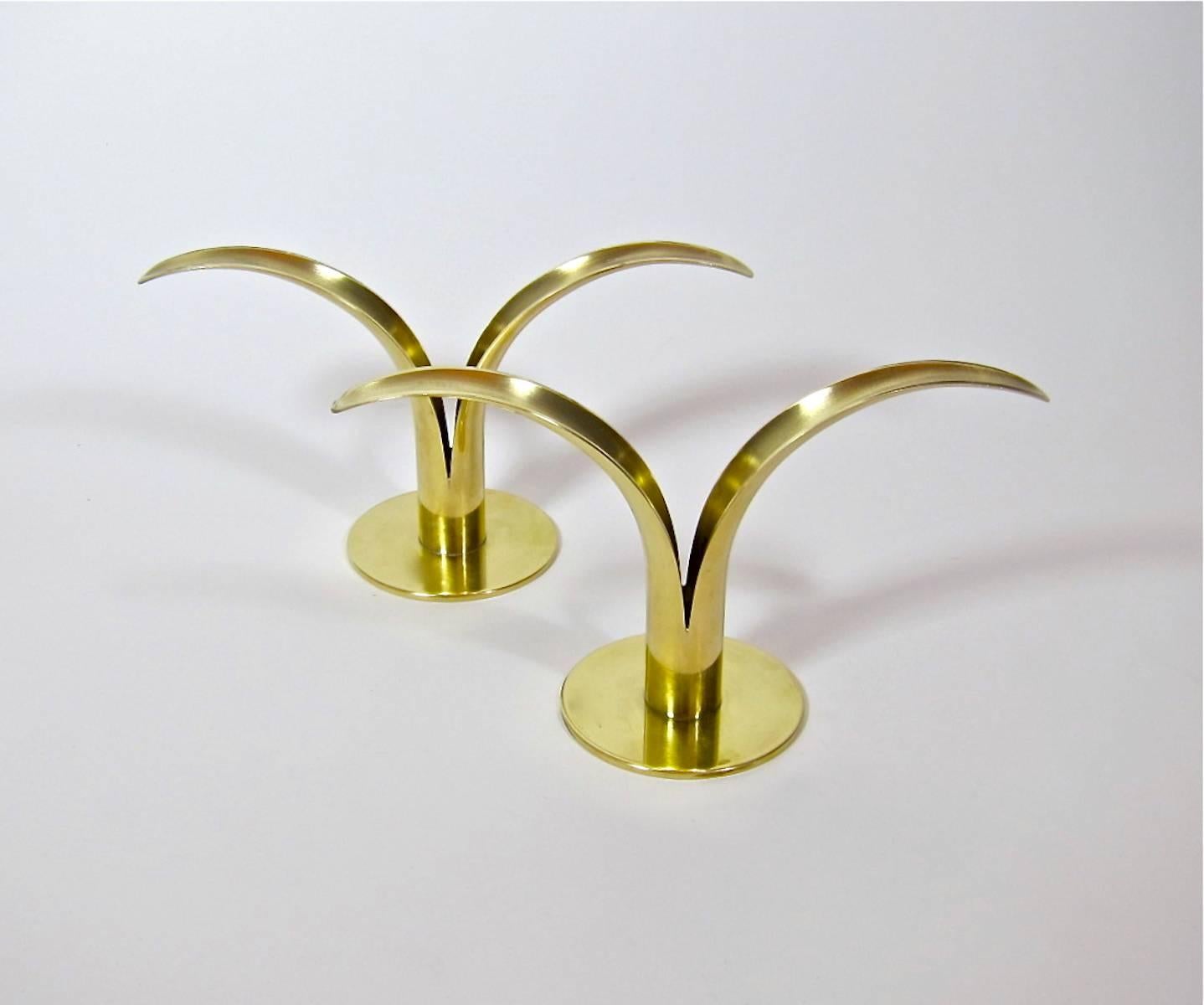 Cast Ystad Metall Brass Lily Candleholder Pair by Ivar Åhlenius-Björk, Sweden