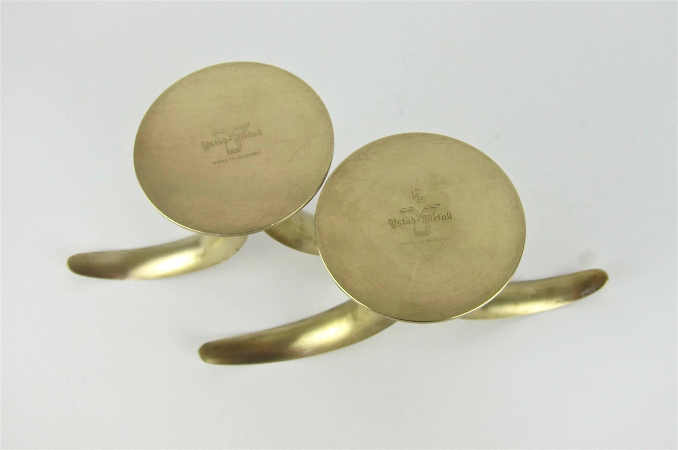 Ystad Metall Brass Lily Candleholder Pair by Ivar Åhlenius-Björk, Sweden In Good Condition In Los Angeles, CA