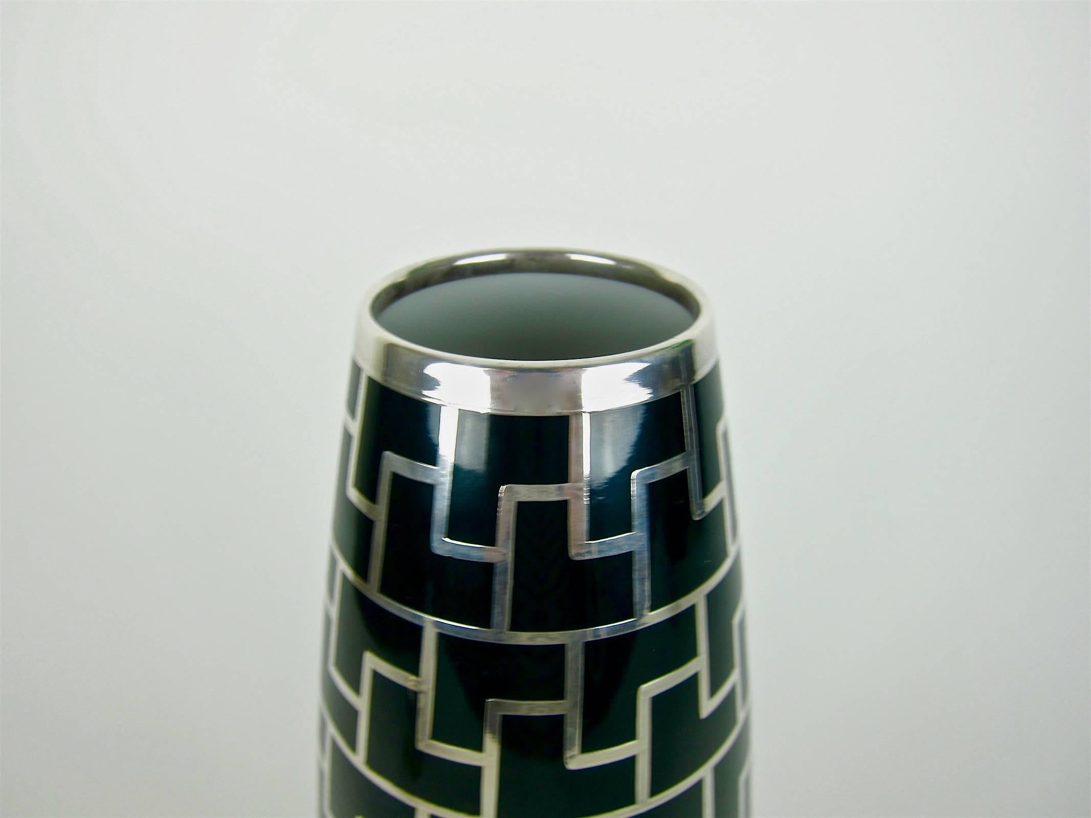 Large Art Deco Vase Hutschenreuther Porcelain with Pure Silver Overlay In Excellent Condition In Los Angeles, CA