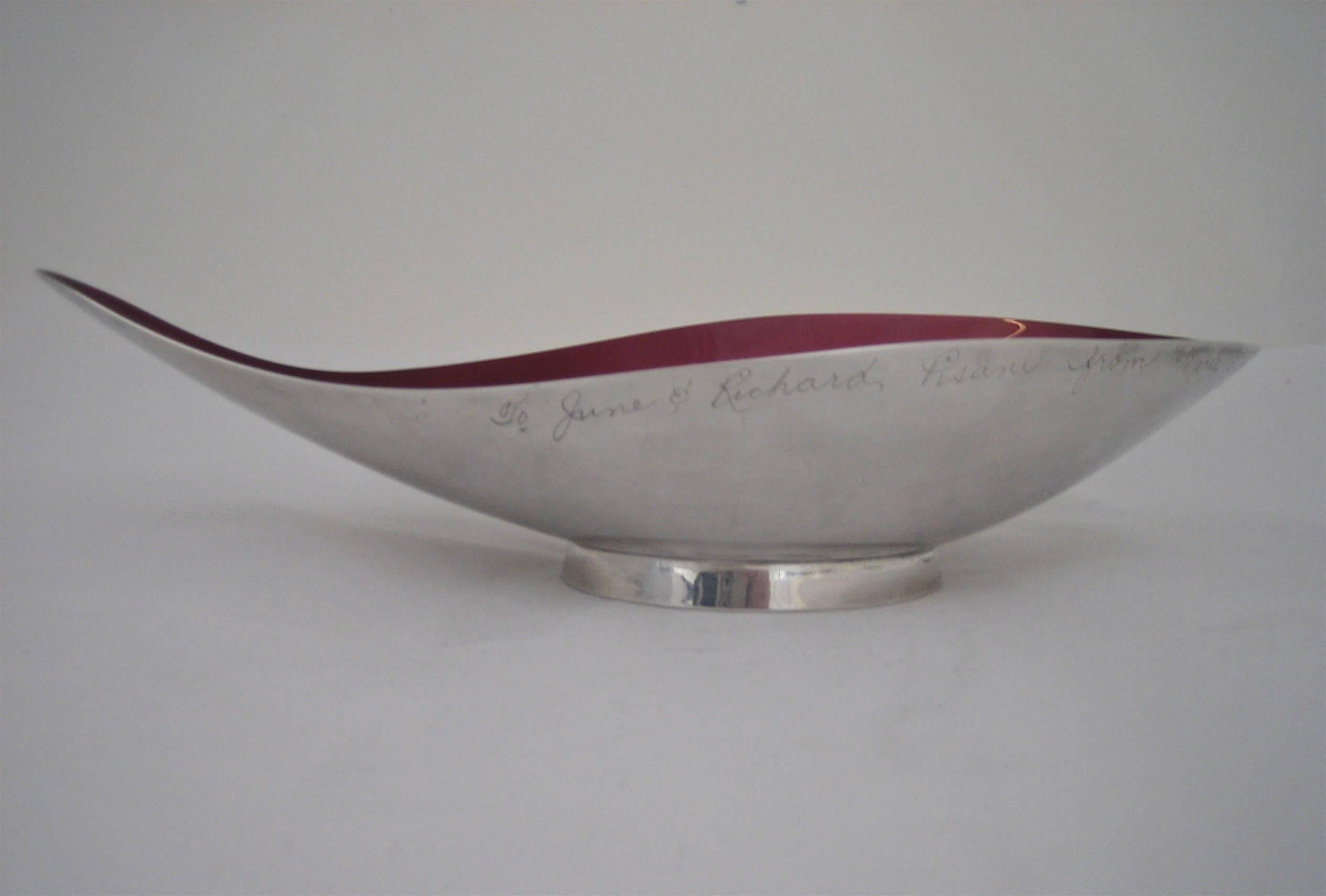 American Mid-Century Reed & Barton Presentation Bowl with Ruby Color-Clad Glaze