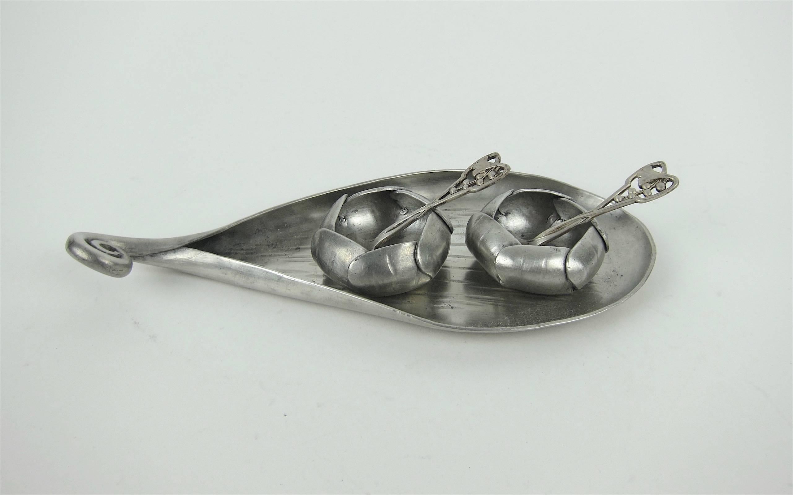 Hammered A E Chanal French Art Nouveau Open Salt Set in Hand-Wrought Pewter