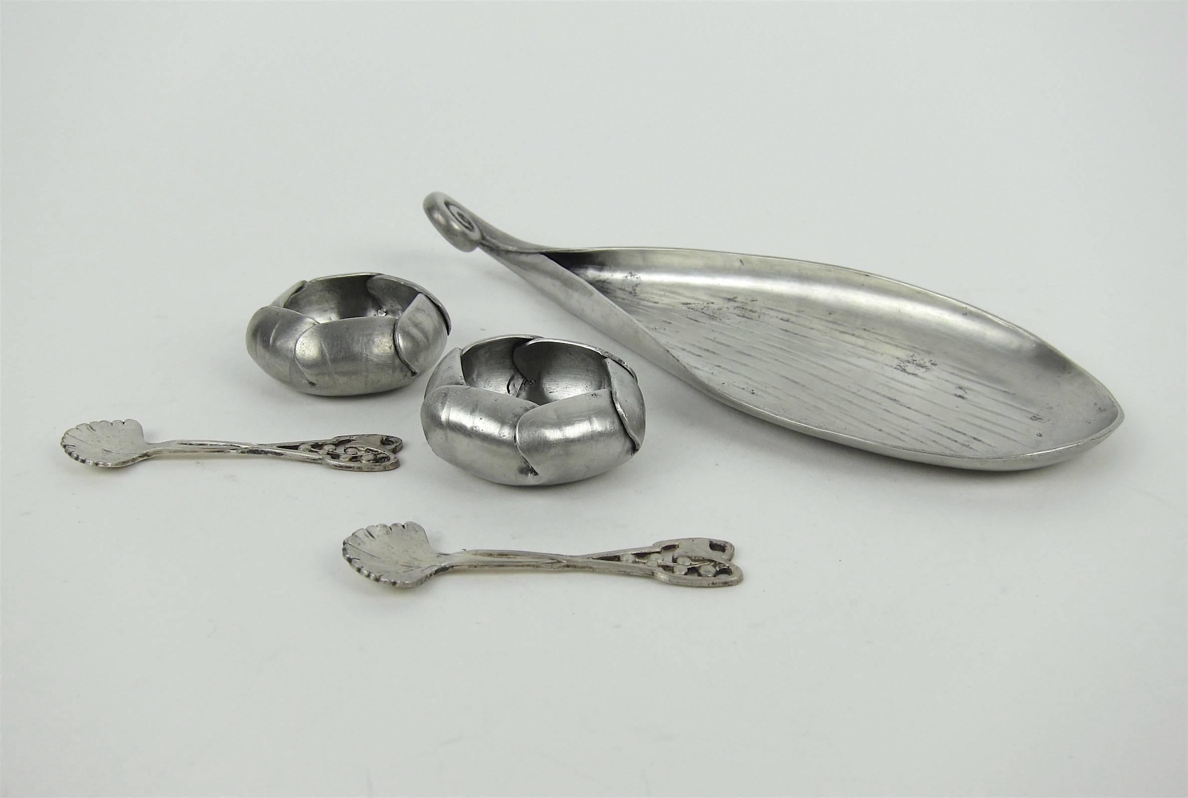 20th Century A E Chanal French Art Nouveau Open Salt Set in Hand-Wrought Pewter