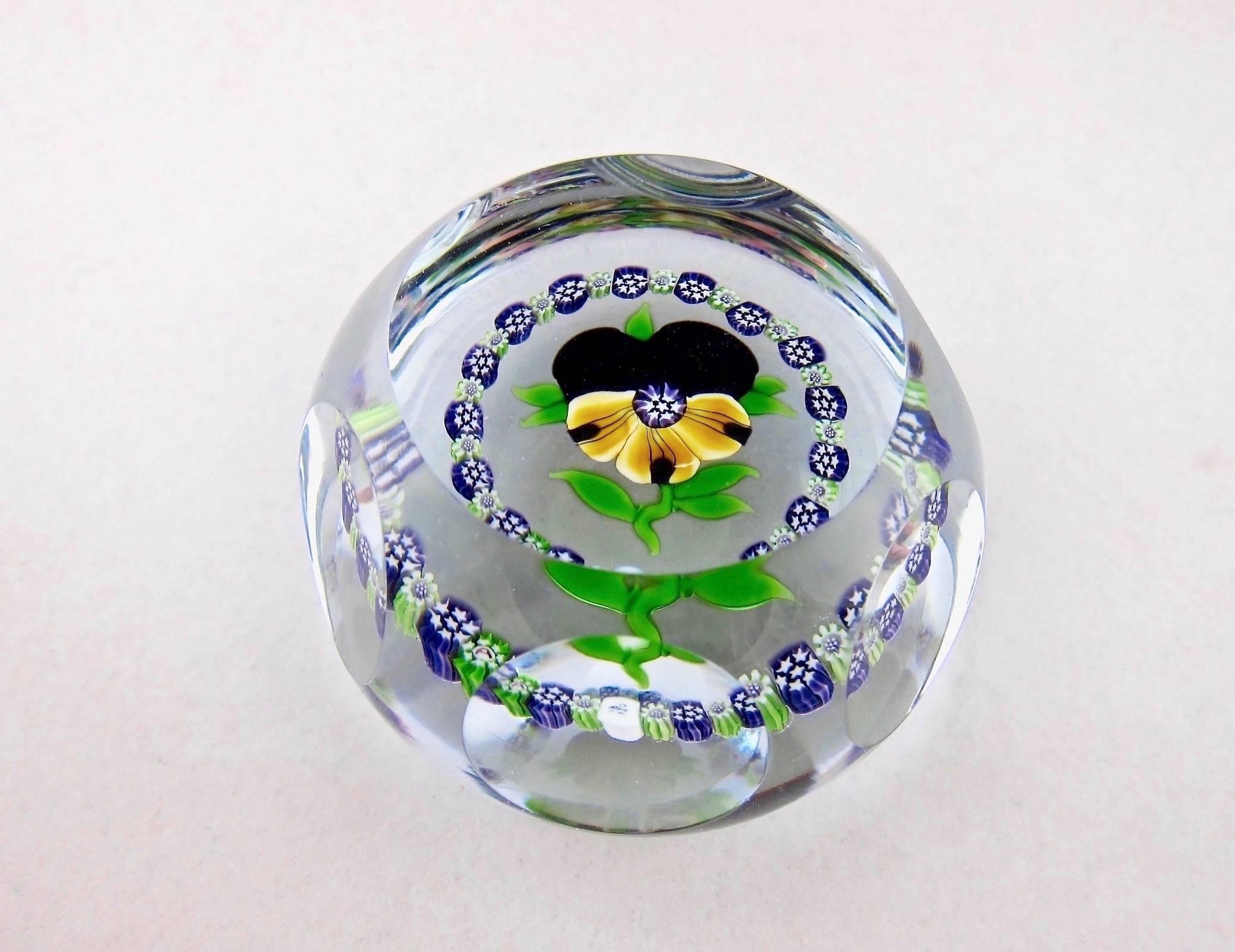 Limited Edition Faceted Pansy Paperweight with Millefiori Garland, J Glass, 1980 2