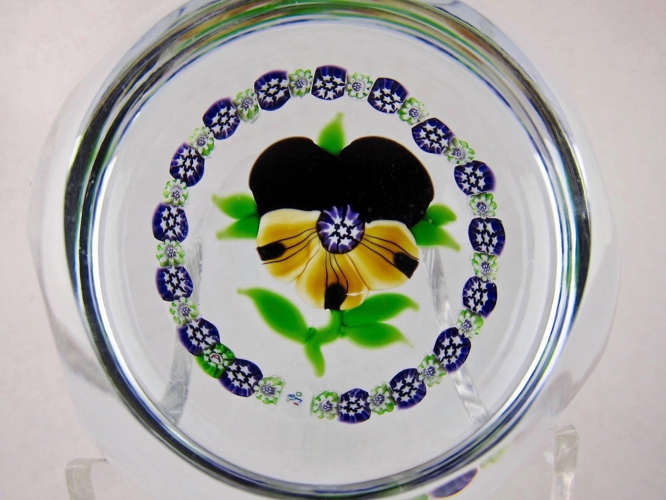 20th Century Limited Edition Faceted Pansy Paperweight with Millefiori Garland, J Glass, 1980