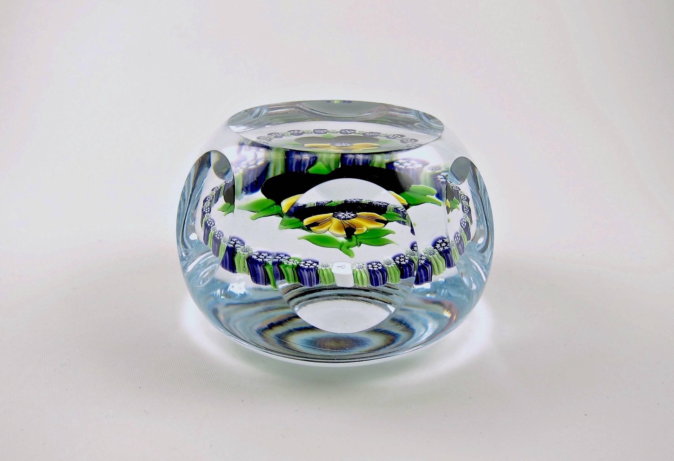 Hand-Crafted Limited Edition Faceted Pansy Paperweight with Millefiori Garland, J Glass, 1980