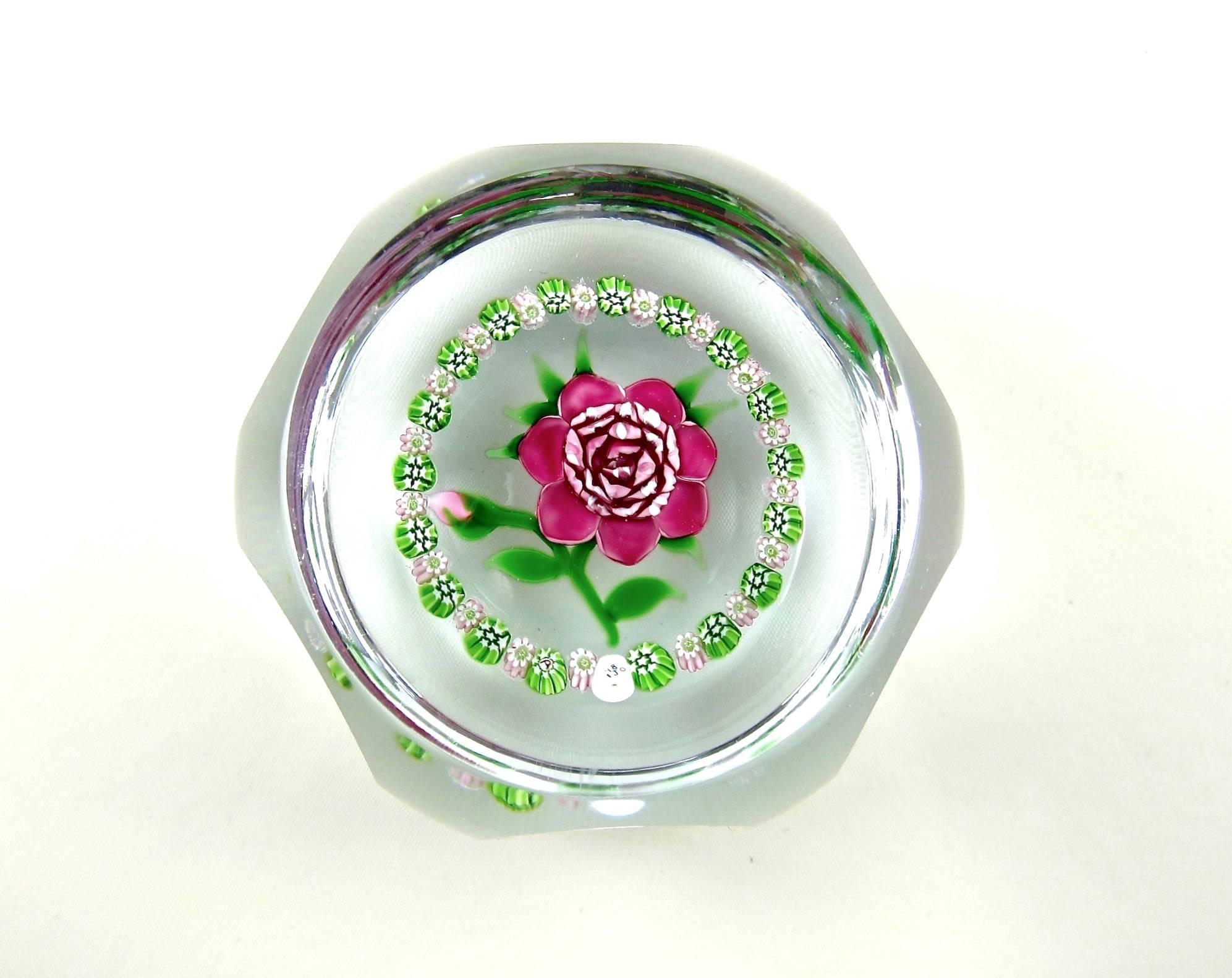 Limited Edition Faceted Rose Paperweight with Millefiori Garland, J