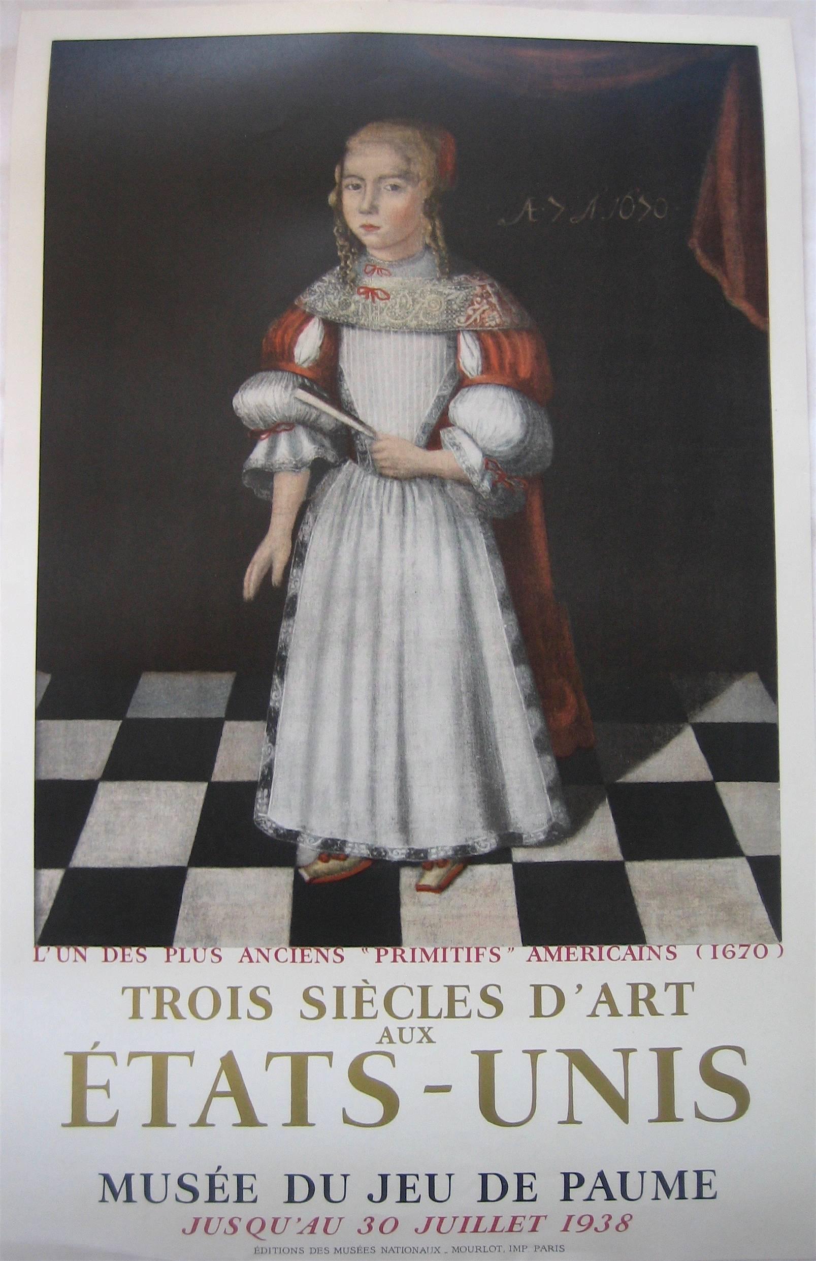 Framed lithographic exhibition poster of an American colonial portrait of Margaret Gibbs of Boston (1670) for the Museum of Modern Art's 1938 exhibition, Trois Siècles D'Art aux Etats-Unis (Three Centuries of American Art), at Musée du Jeu de Paume