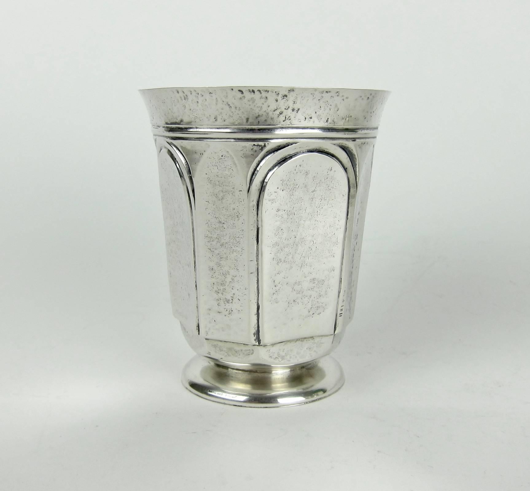 Handsome and heavy antique sterling silver tumblers or julep cups from the Arts and Crafts period by Marie Zimmermann (1879-1972), a noted American metalsmith, jeweler and designer working in New York City during the opening decades of the 20th