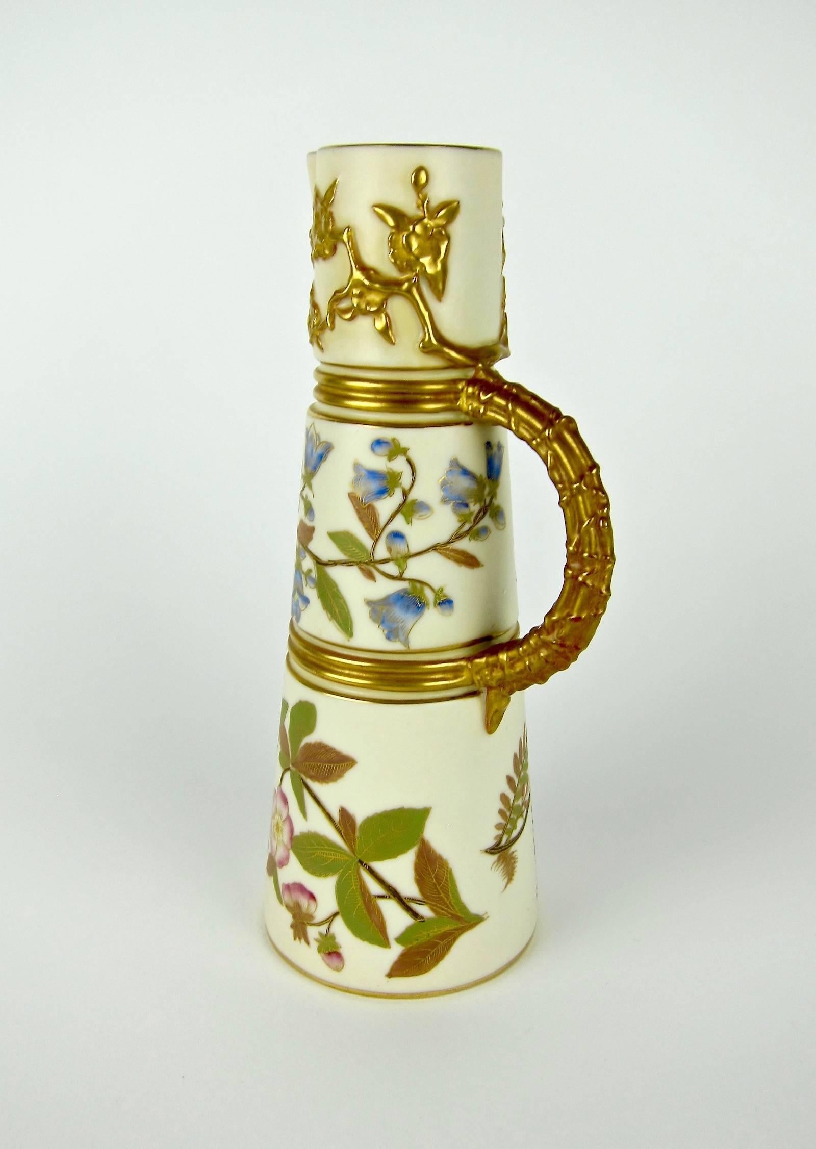 Gilt Antique English Royal Worcester Porcelain Ewer, 1884