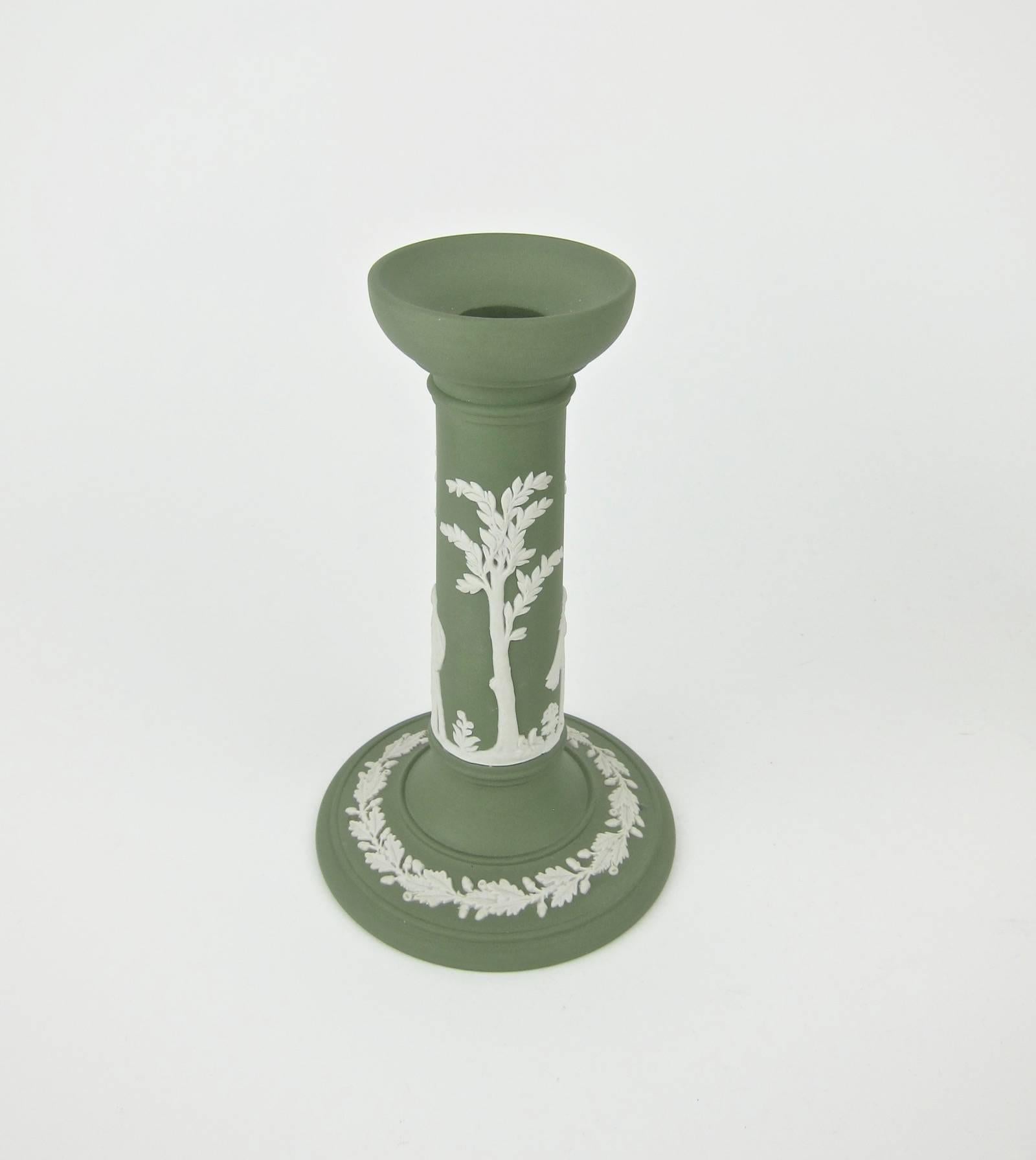 English Wedgwood Neoclassical Candlestick Pair in Solid Green Jasper