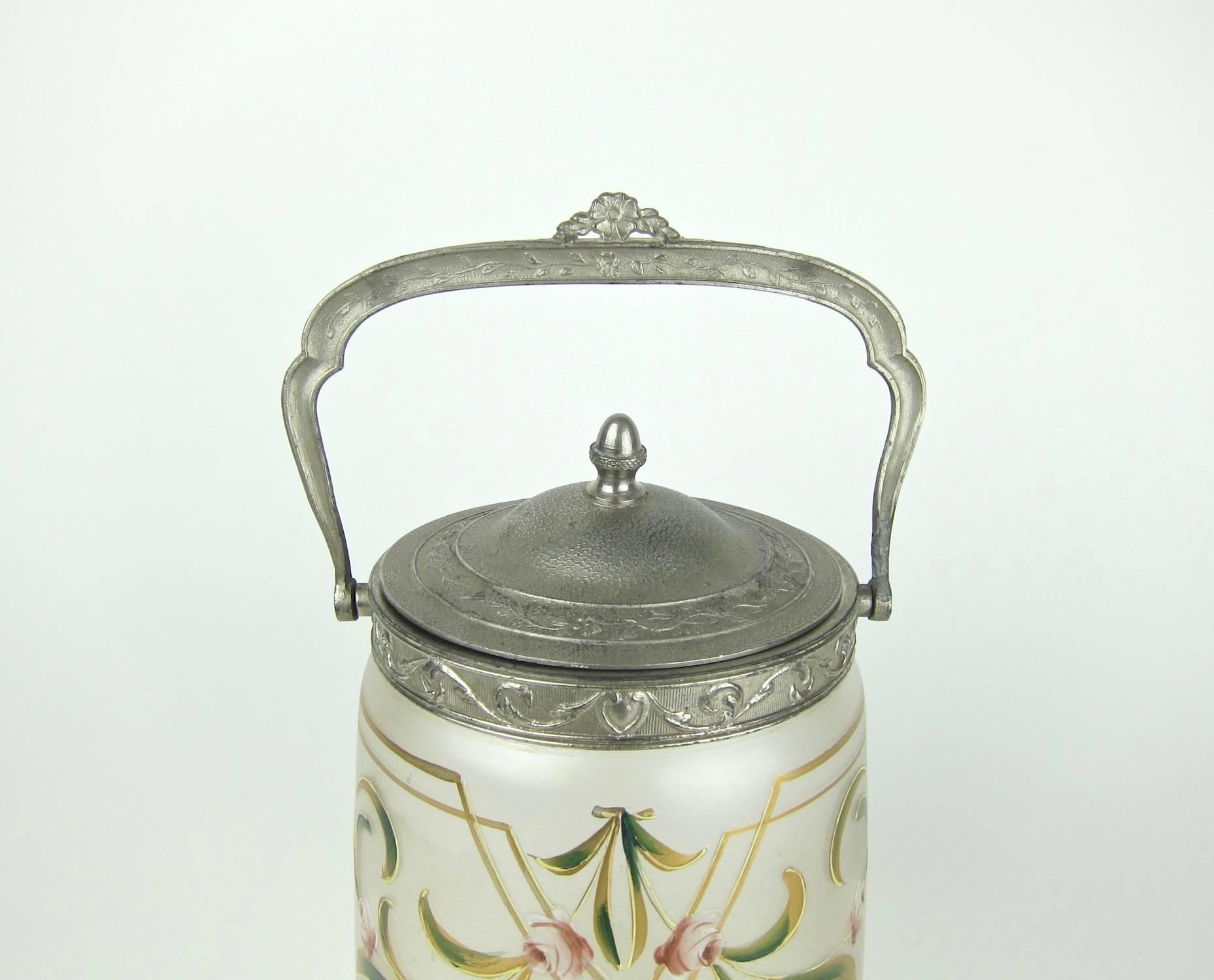 Antique Glass Biscuit Barrel / Cookie Jar with Art Nouveau Enamel Decoration In Good Condition In Los Angeles, CA