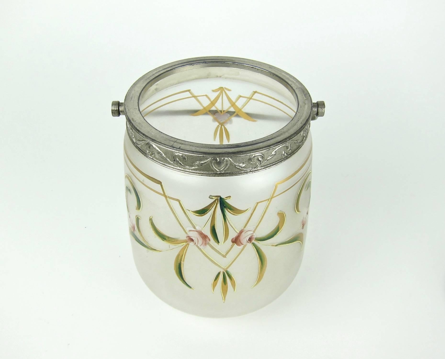 French Antique Glass Biscuit Barrel / Cookie Jar with Art Nouveau Enamel Decoration