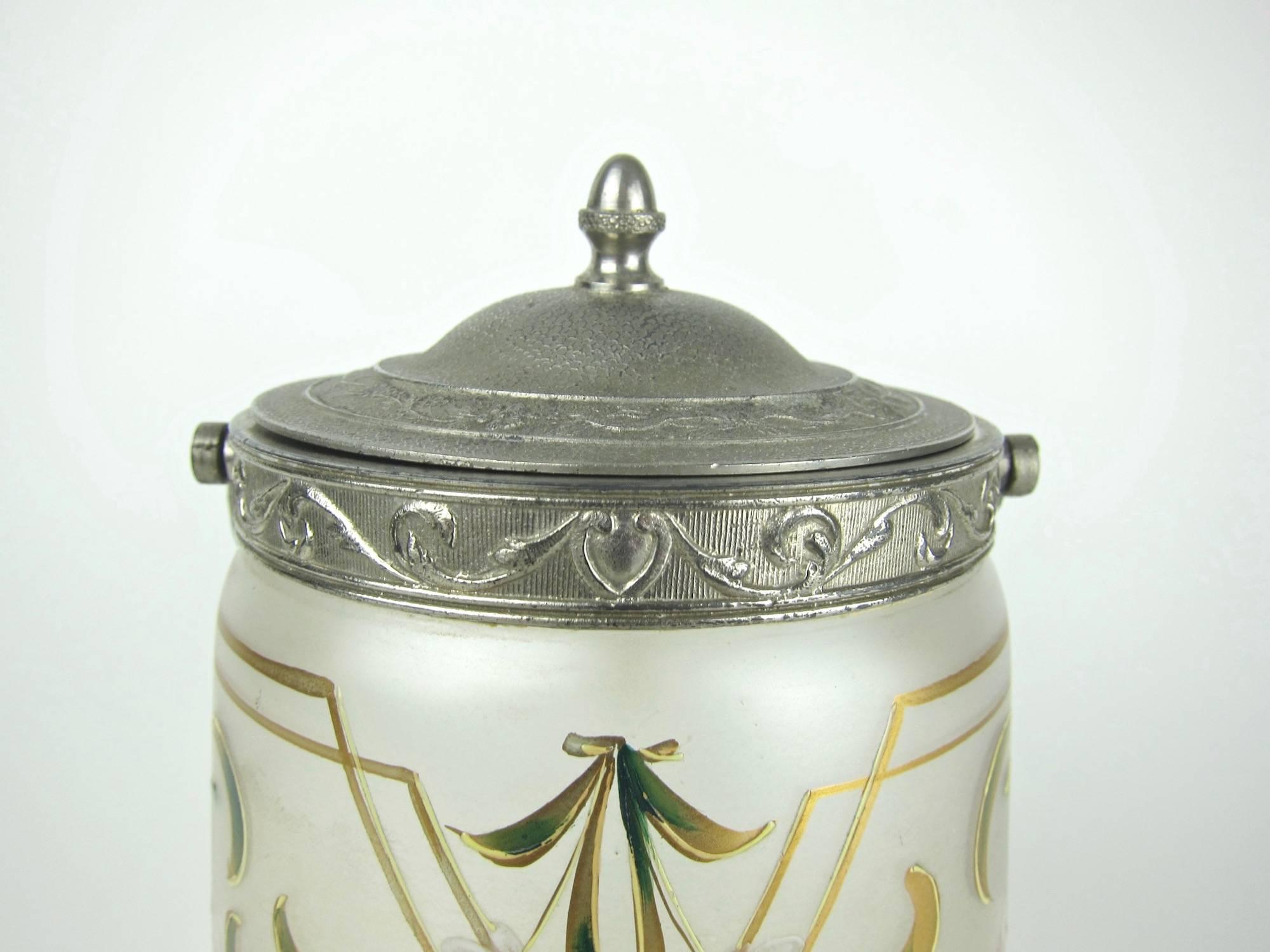Enameled Antique Glass Biscuit Barrel / Cookie Jar with Art Nouveau Enamel Decoration