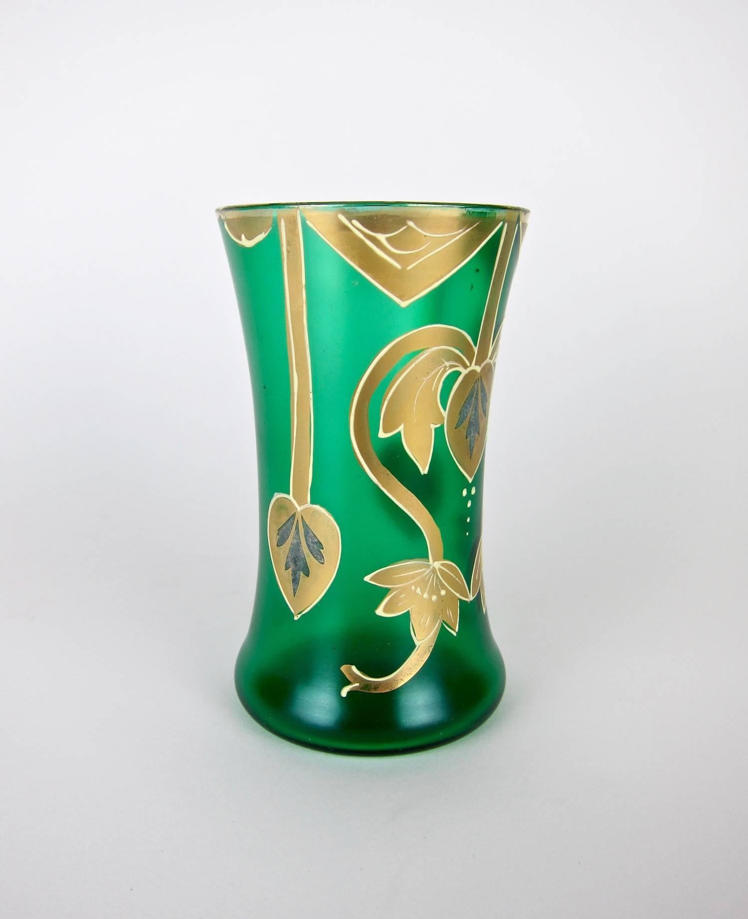 Enameled Antique Green Drinking Glasses with Golden Art Nouveau Enamel Decor