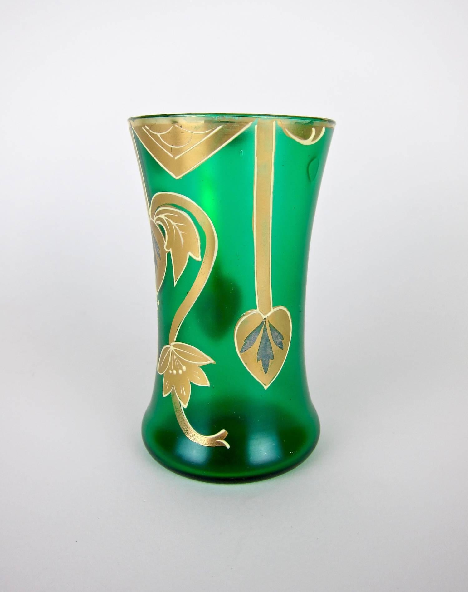Czech Antique Green Drinking Glasses with Golden Art Nouveau Enamel Decor