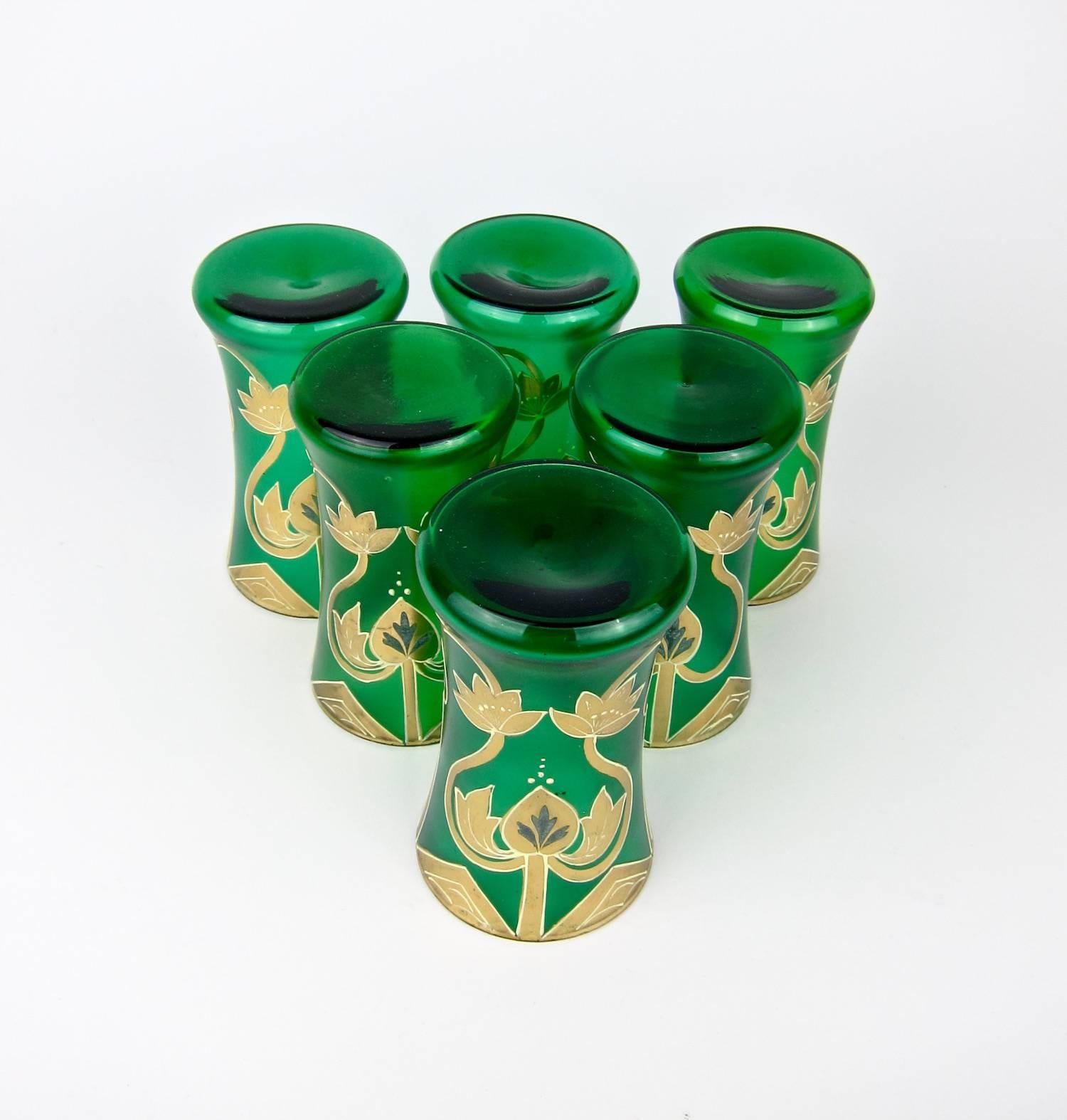 19th Century Antique Green Drinking Glasses with Golden Art Nouveau Enamel Decor