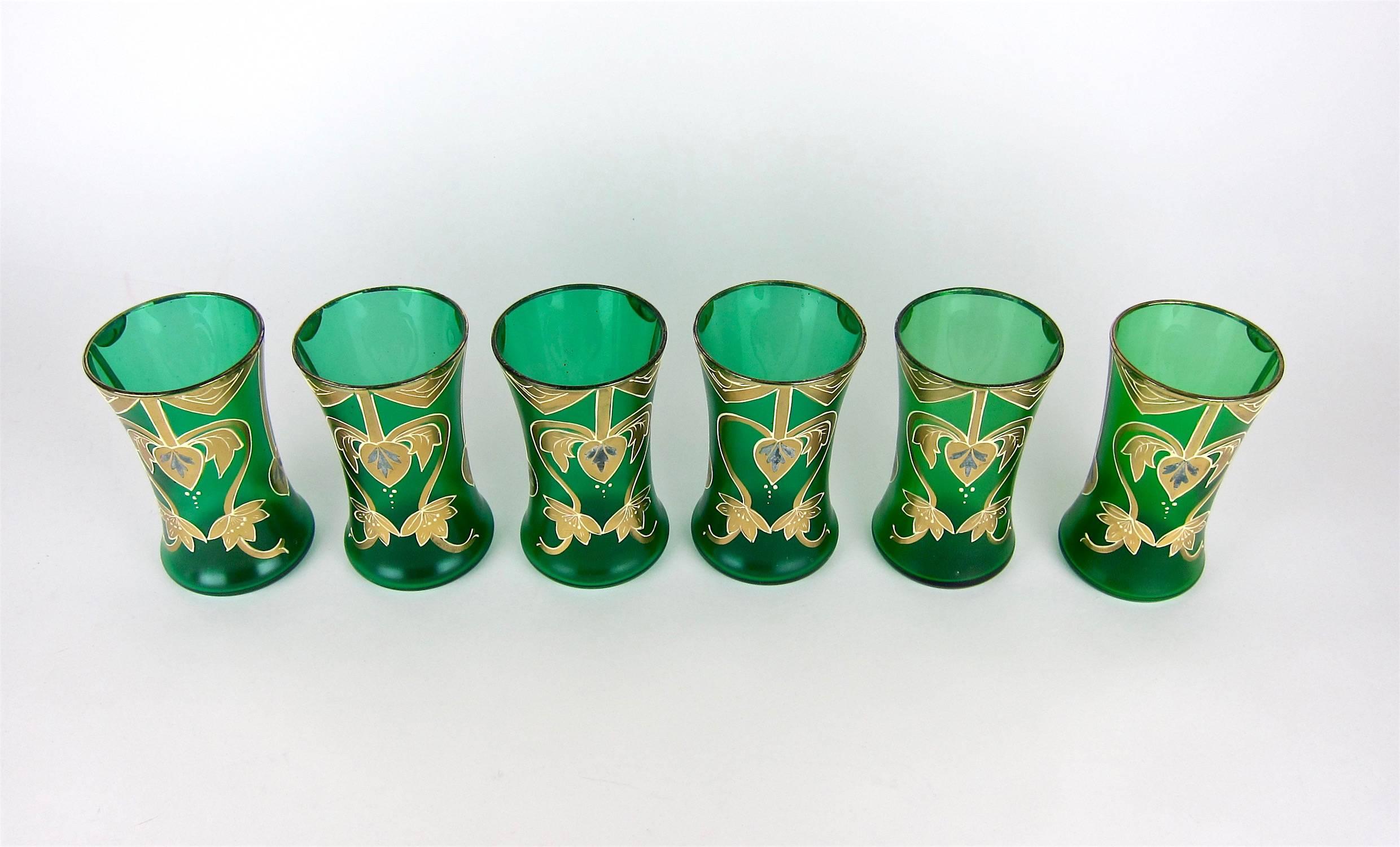 Antique Green Drinking Glasses with Golden Art Nouveau Enamel Decor 1