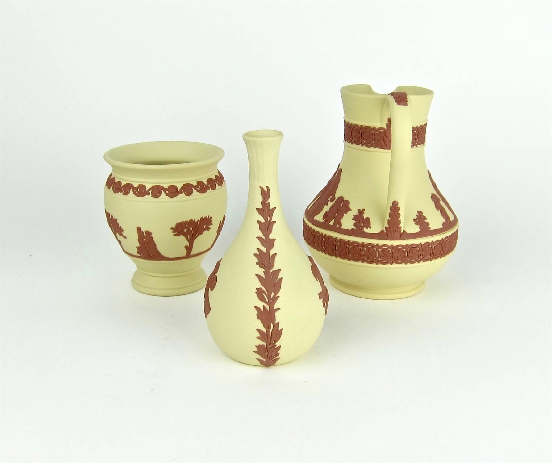 English Vintage Wedgwood Jasper Ware Etruscan Jug, Bud and Potpourri Vase Collection