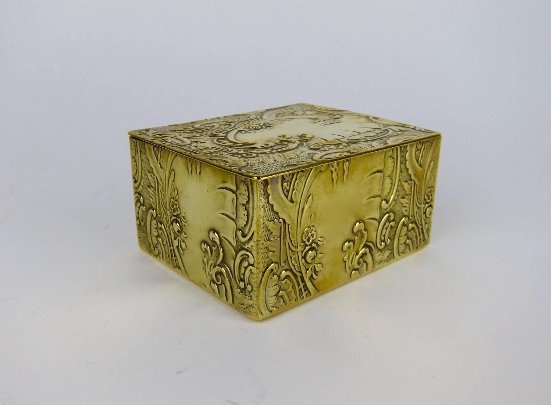 Rococo Revival Antique Embossed Brass Box with Cedar Lining